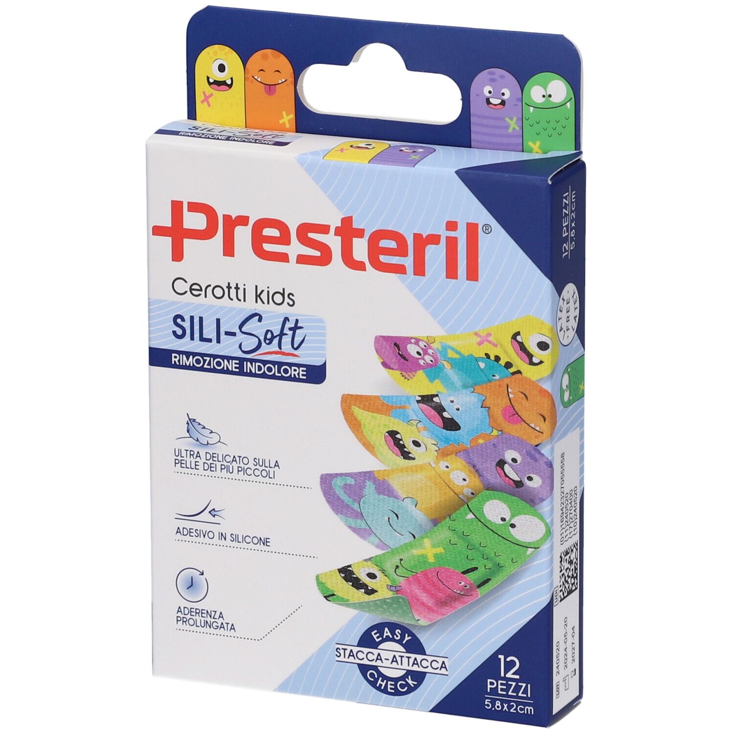 Verpackung mit Pflastern. Marke Presteril, Sili-Soft Kids. 12 Stück, 5,8x2 cm. Bunte Designs mit Gesichtern. Blaue und weiße Verpackung.
