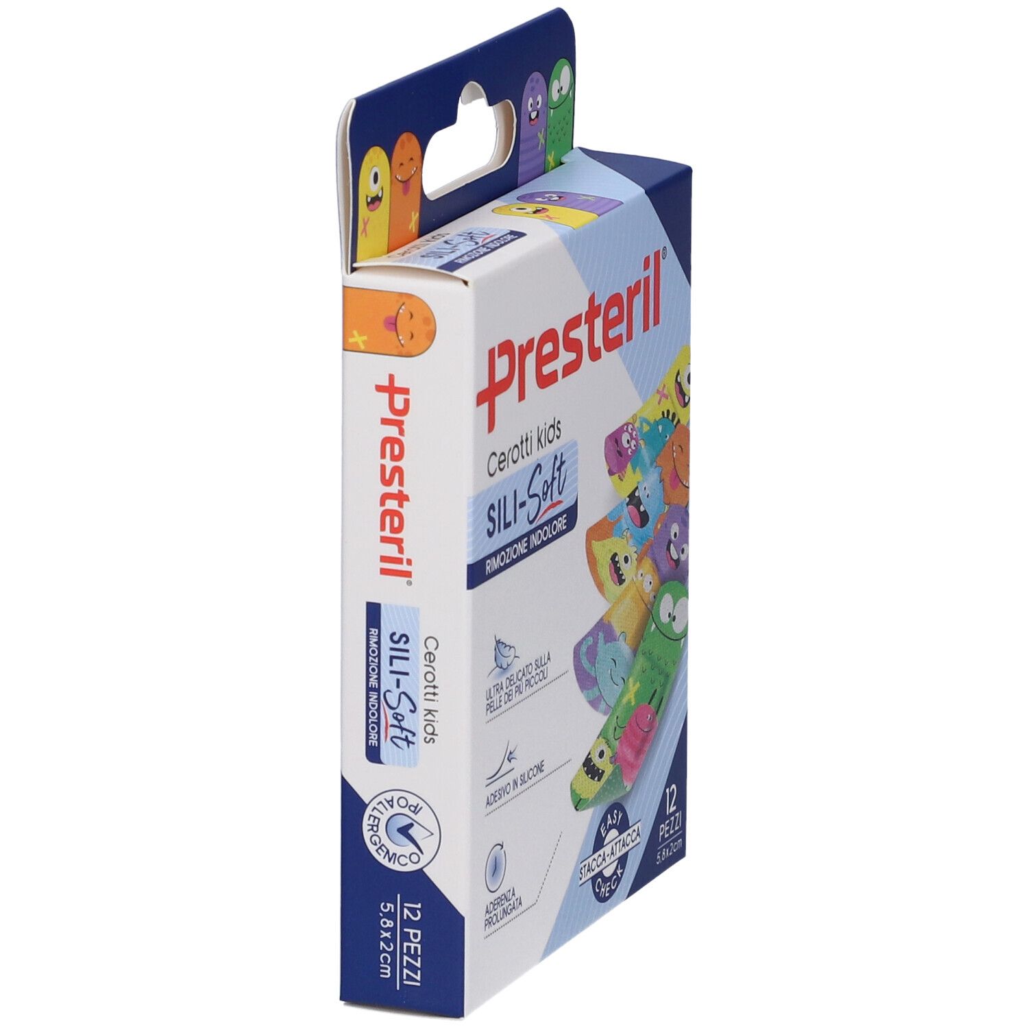 Verpackung Presteril Sili-Soft Kids, seitliche Ansicht. 12 Pflaster, 5,8x2 cm. Blaue und weiße Verpackung mit bunten Designs.