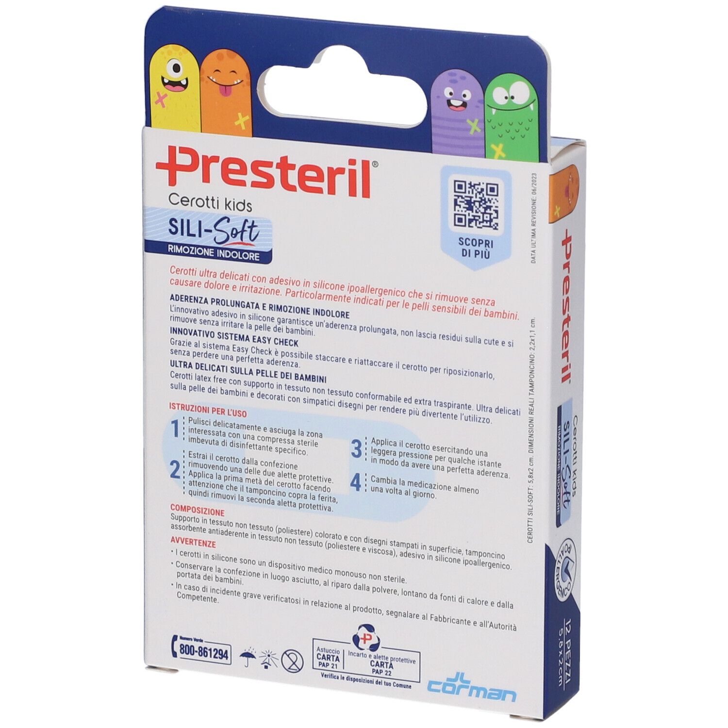 Rückseite der Verpackung Presteril Sili-Soft Kids. Text und QR-Code. Informationen zu den Pflastern.