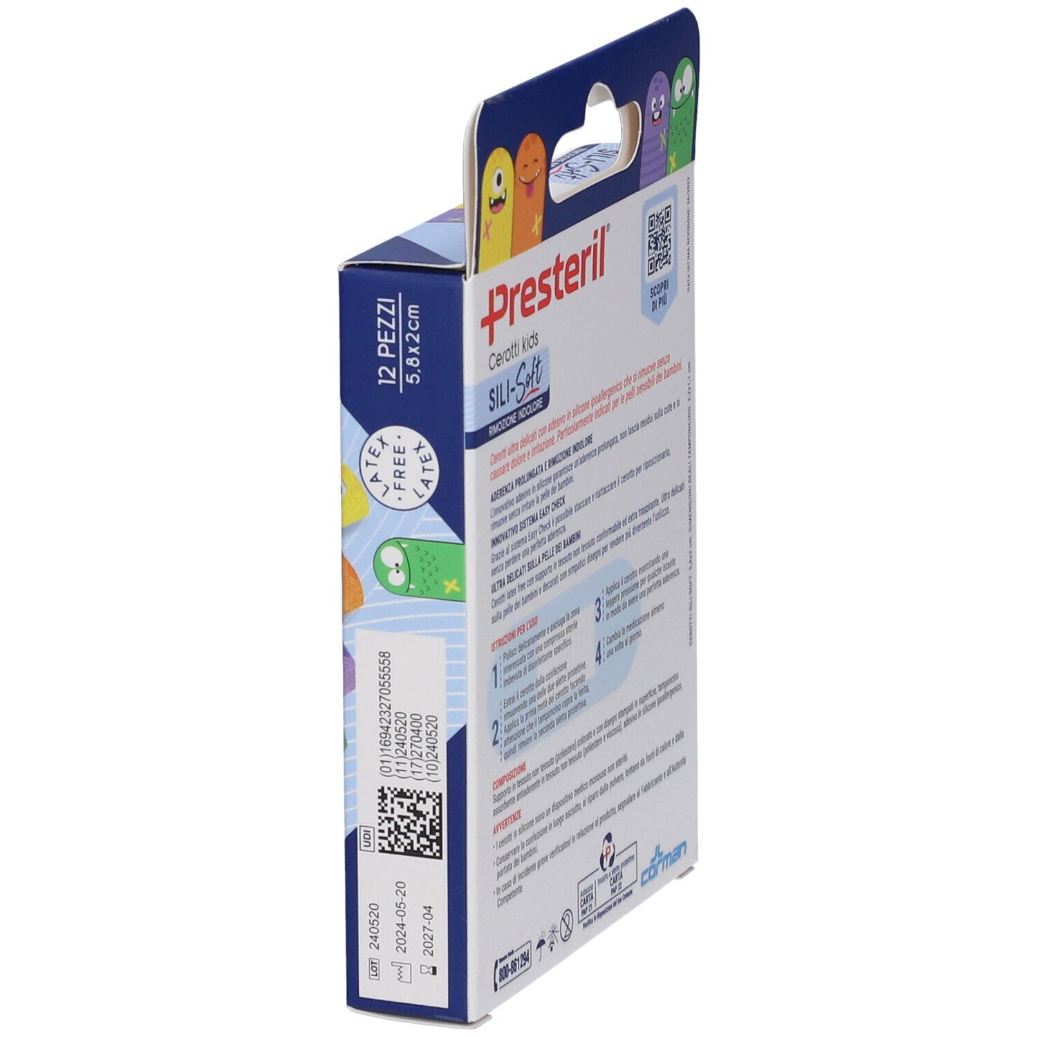 Seitenansicht der Verpackung Presteril Sili-Soft Kids. Text und QR-Code. 12 Pflaster, 5,8x2 cm.