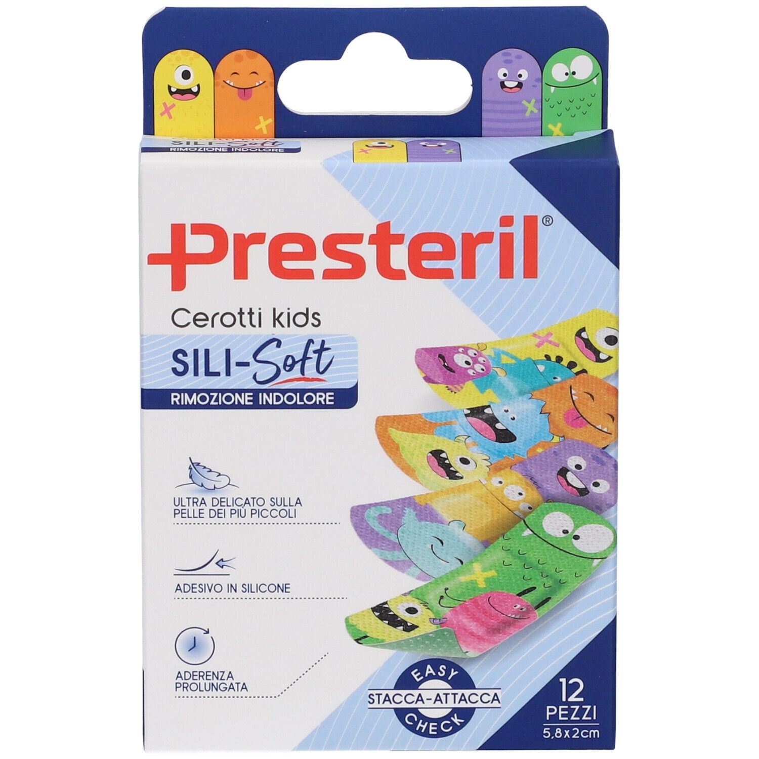 Verpackung mit Pflastern. Marke Presteril, Sili-Soft Kids. 12 Stück, 5,8x2 cm. Bunte Designs mit Gesichtern. Blaue und weiße Verpackung.