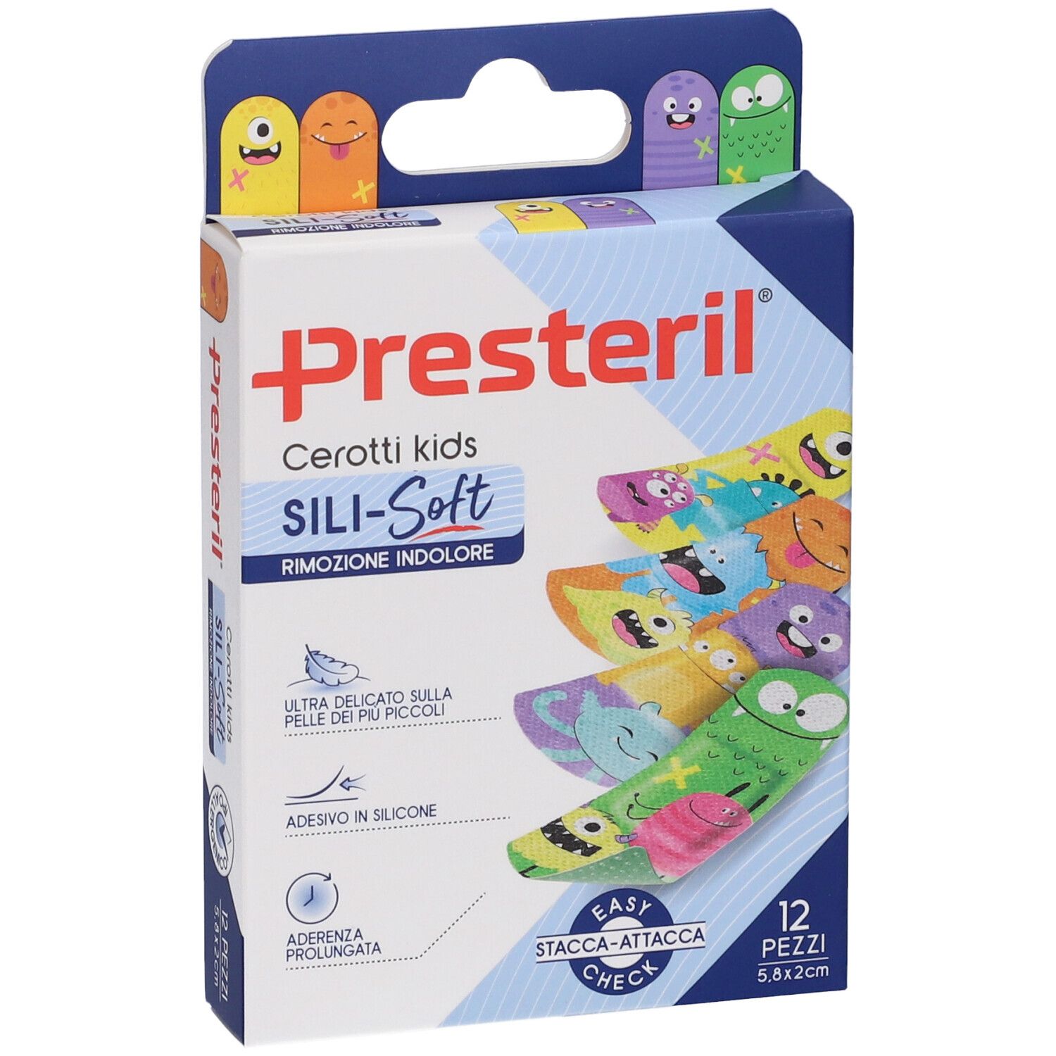 Verpackung mit Pflastern. Marke Presteril, Sili-Soft Kids. 12 Stück, 5,8x2 cm. Bunte Designs mit Gesichtern. Blaue und weiße Verpackung.
