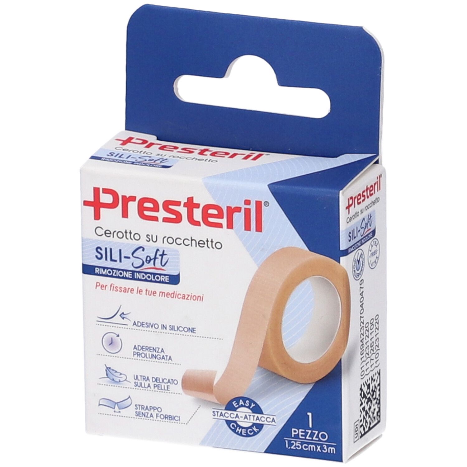 Confezione Presteril Sili-Soft. Rotolo beige, confezione blu con informazioni sul prodotto.