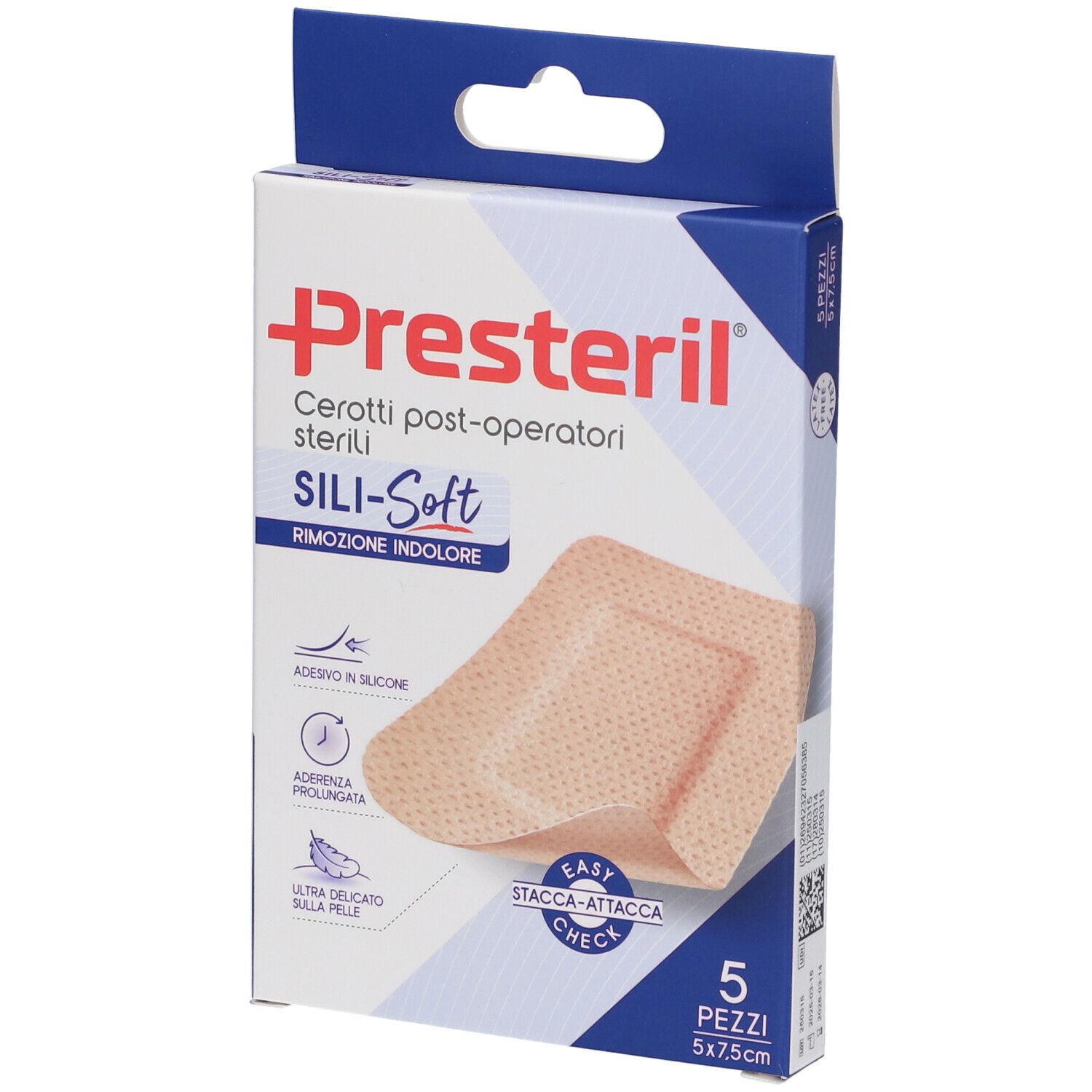 Verpackung mit Presteril Cerotti Post-Operatori Sterili Sili-Soft. 5 Pflaster, 5x7,5 cm. Blaue und weiße Schachtel.