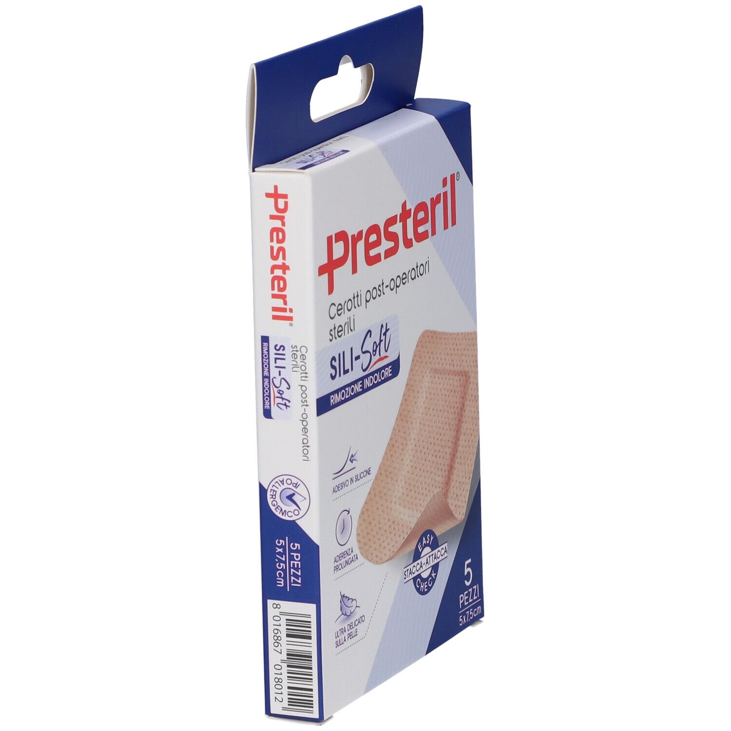 Seitenansicht der Presteril Cerotti Post-Operatori Sterili Sili-Soft Verpackung. Blaue und weiße Schachtel mit Produkt.