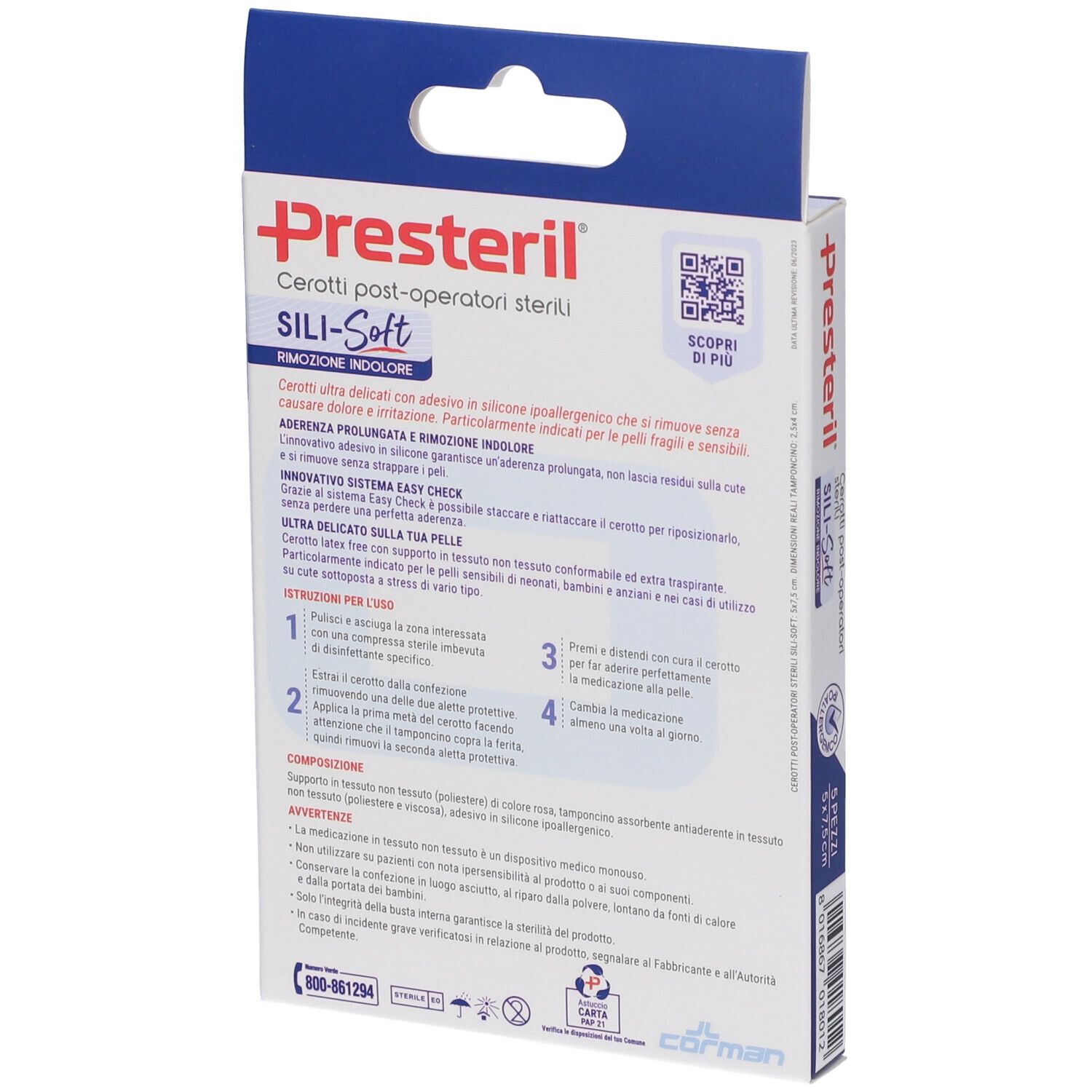 Rückseite der Presteril Cerotti Post-Operatori Sterili Sili-Soft Verpackung. Text und QR-Code auf blau-weißer Schachtel.