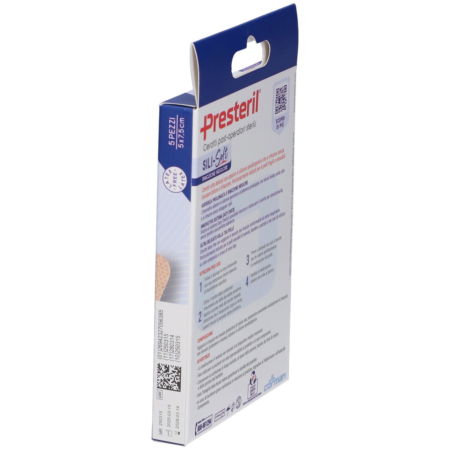 Seitenansicht der Presteril Cerotti Post-Operatori Sterili Sili-Soft Verpackung. Text und QR-Code auf blau-weißer Schachtel.