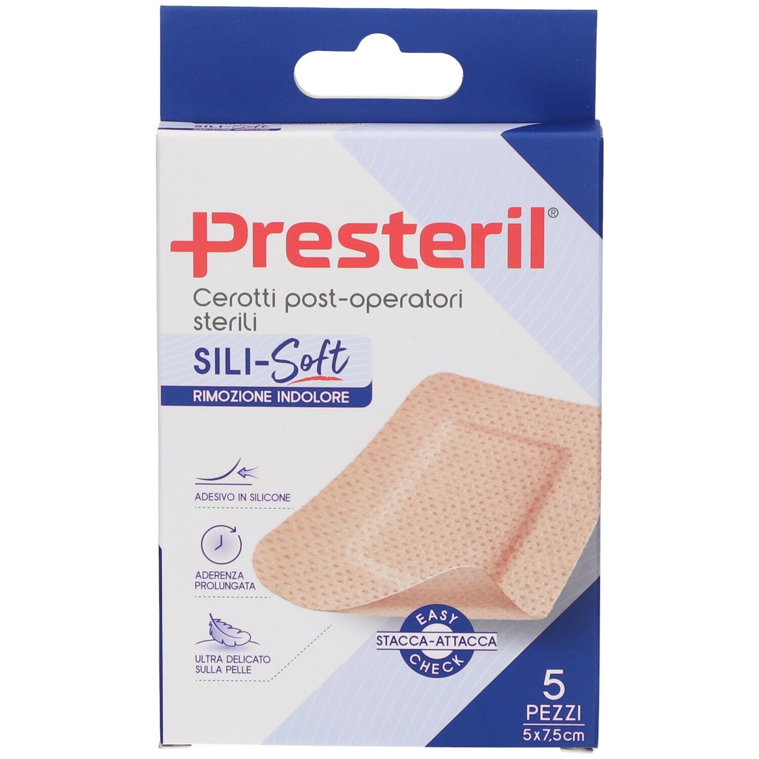 Vorderansicht der Presteril Cerotti Post-Operatori Sterili Sili-Soft Verpackung. 5 Pflaster, 5x7,5 cm. Blaue und weiße Schachtel.
