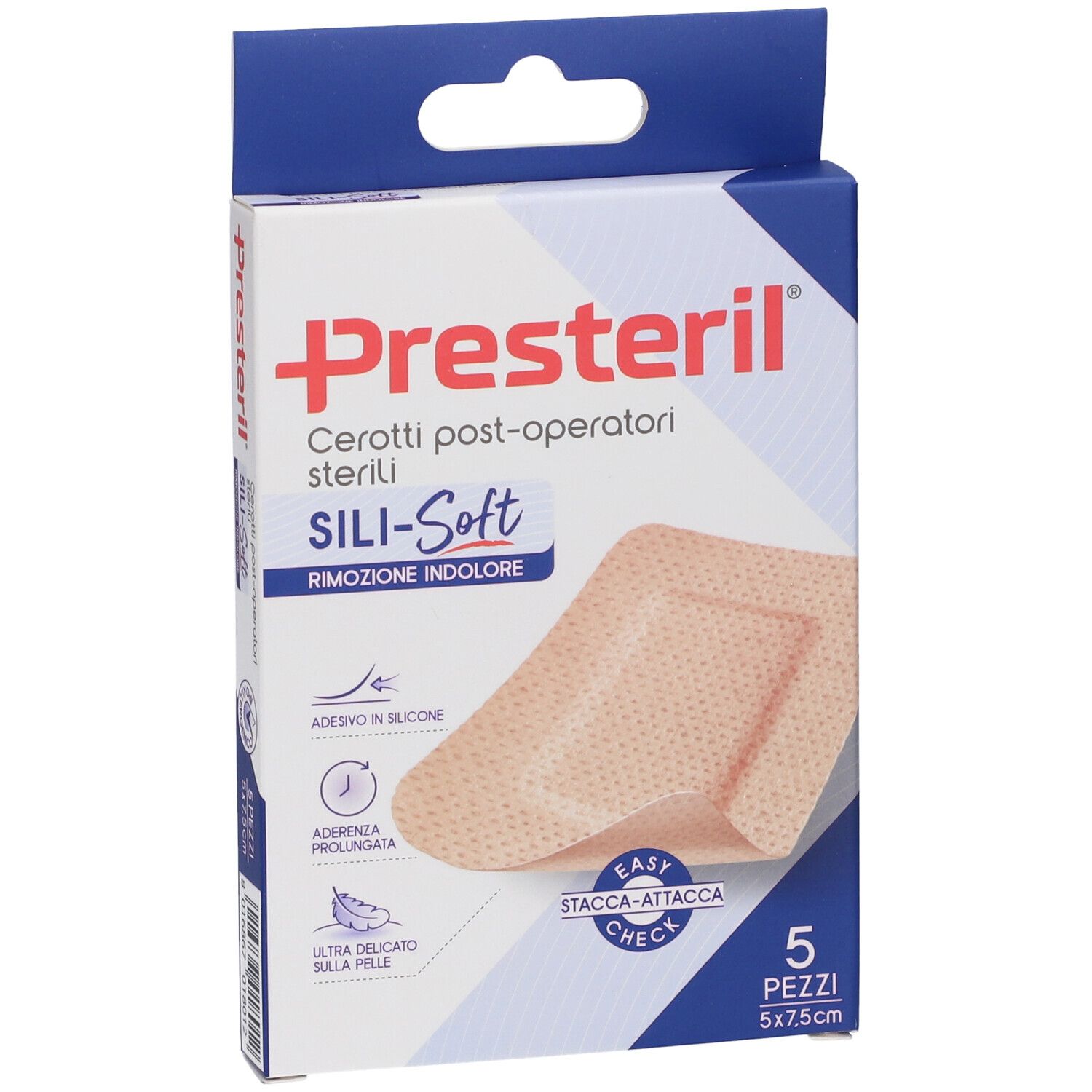 Vorderansicht der Presteril Cerotti Post-Operatori Sterili Sili-Soft Verpackung. 5 Pflaster, 5x7,5 cm. Blaue und weiße Schachtel.