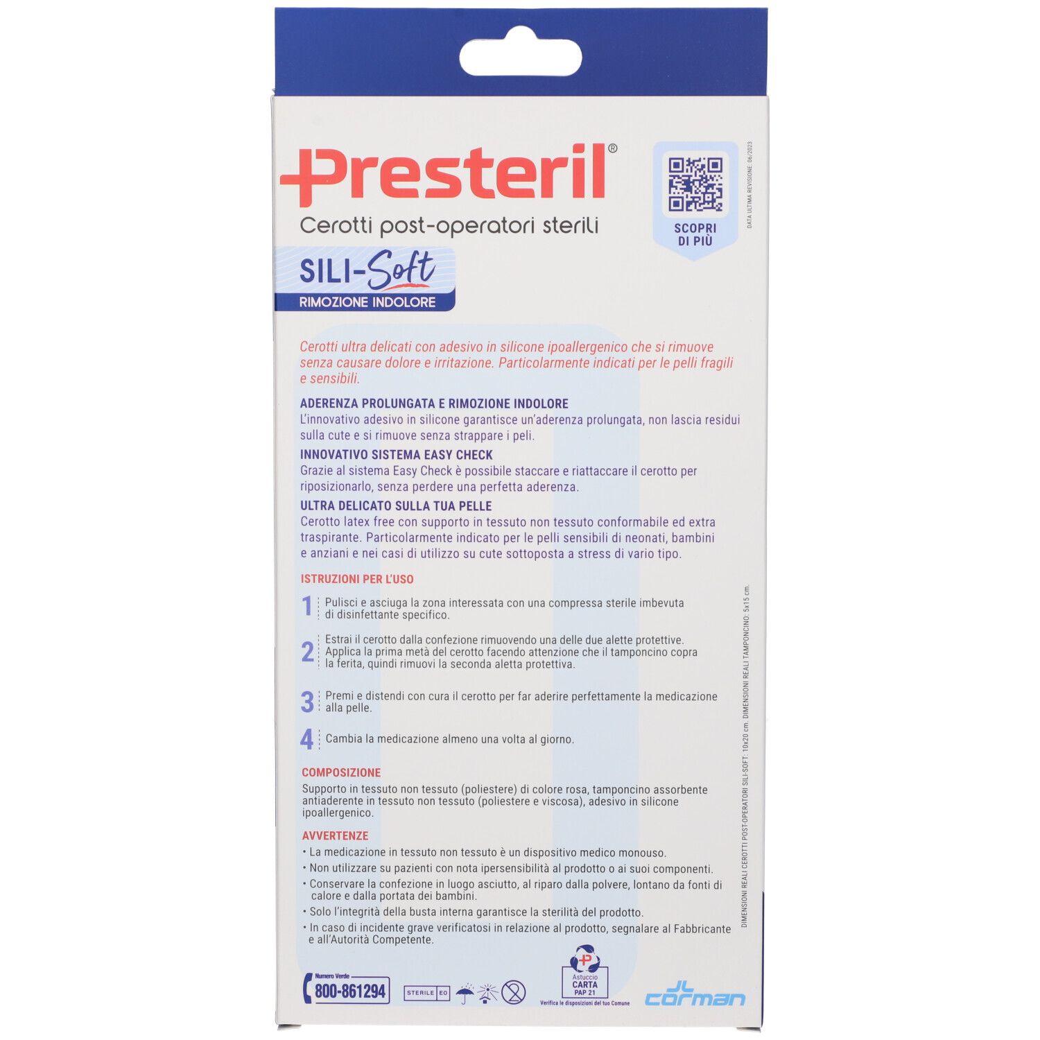 Rückseite der Verpackung. Text in italienischer Sprache. Marke Presteril. Informationen zu den Pflastern und Anwendung.