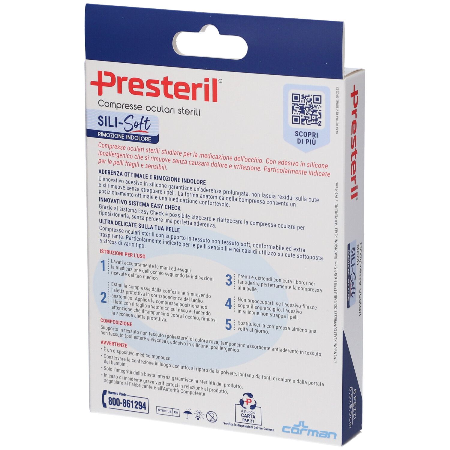 Rückseite der Presteril Augenkompressen-Verpackung. Produktinformationen, Gebrauchsanweisung, QR-Code. Marke Presteril.