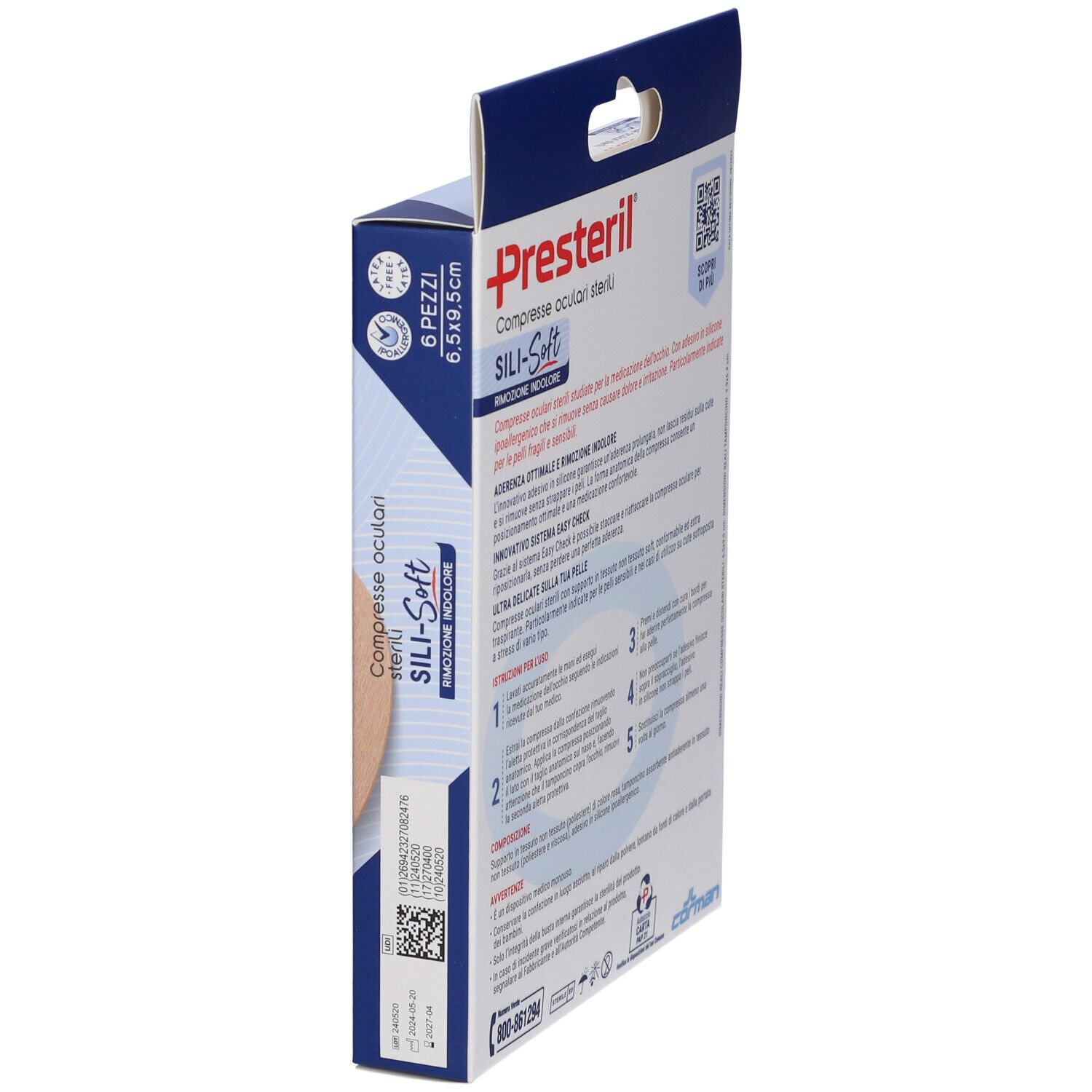 Seitenansicht der Presteril Augenkompressen-Verpackung. Produktname, Sili-Soft, 6 Stück, 6,5x9,5 cm. Rückseite mit Informationen.