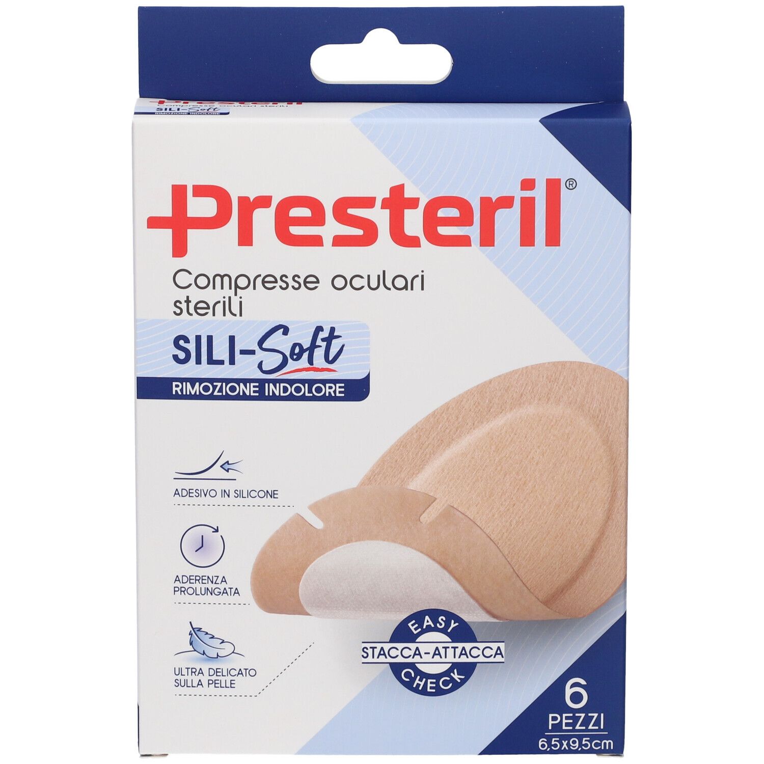 Presteril Augenkompressen-Verpackung. Sechs Stück, 6,5x9,5 cm. Sili-Soft, schmerzfreie Entfernung. Produktmerkmale und Abbildungen.
