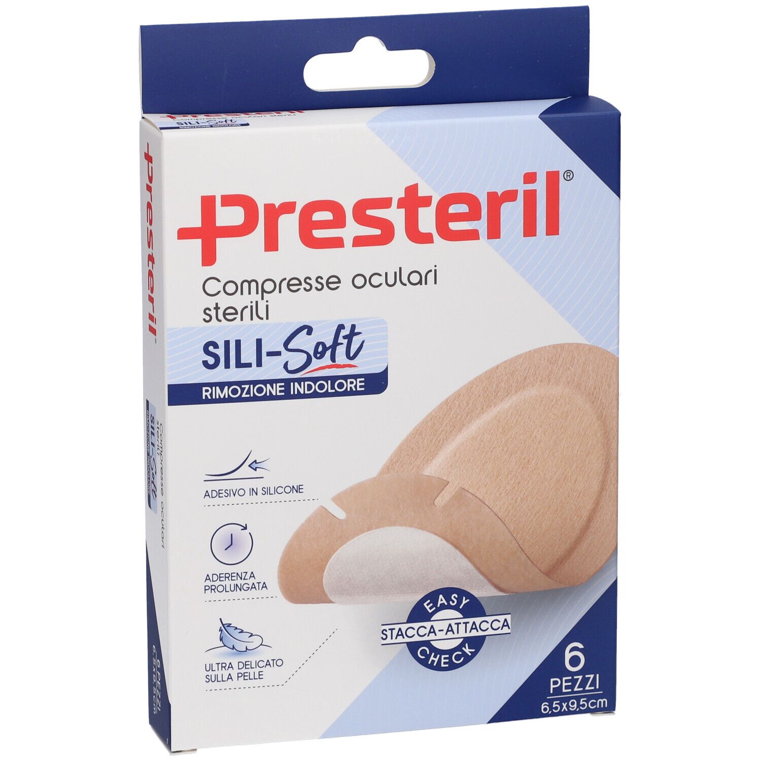 Presteril Augenkompressen-Verpackung. Sechs Stück, 6,5x9,5 cm. Sili-Soft, schmerzfreie Entfernung. Produktmerkmale und Abbildungen.