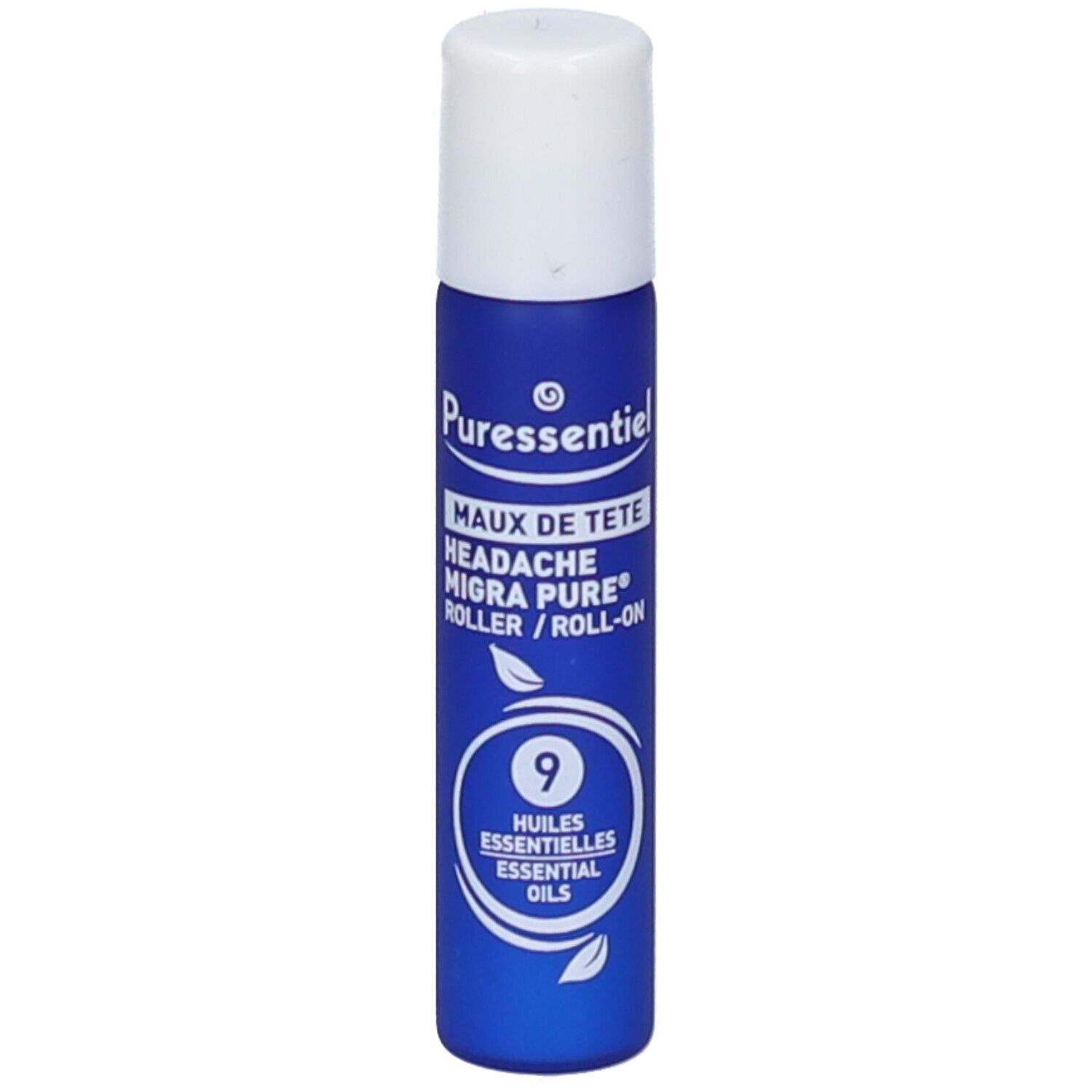 Blau-weißer Roller mit weißem Deckel. Beschriftung: Puressentiel, Maux de tête, 9 Huiles essentielles.