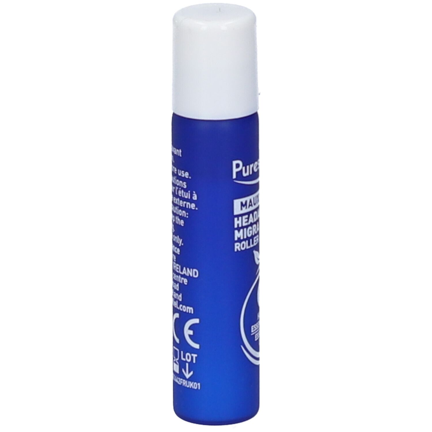 Blau-weißer Roller mit weißem Deckel. Aufschrift: Puressentiel, Maux de tête, Migra Pure, Roller/Roll-on.