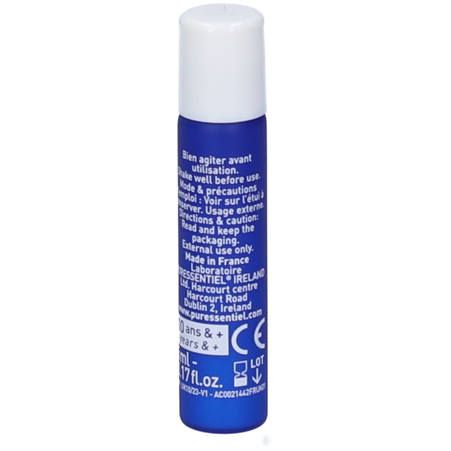 Blau-weißer Roller mit weißem Deckel. Aufschrift: Puressentiel, Maux de tête, Migra Pure, Roller/Roll-on, 5ml.