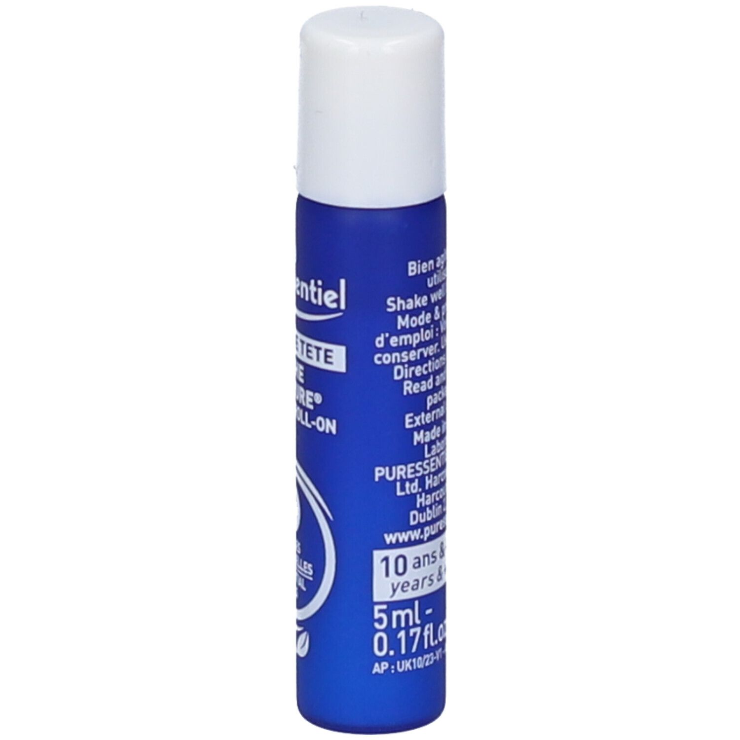Blau-weißer Roller mit weißem Deckel. Aufschrift: Puressentiel, Maux de tête, Migra Pure, Roller/Roll-on, 5ml.
