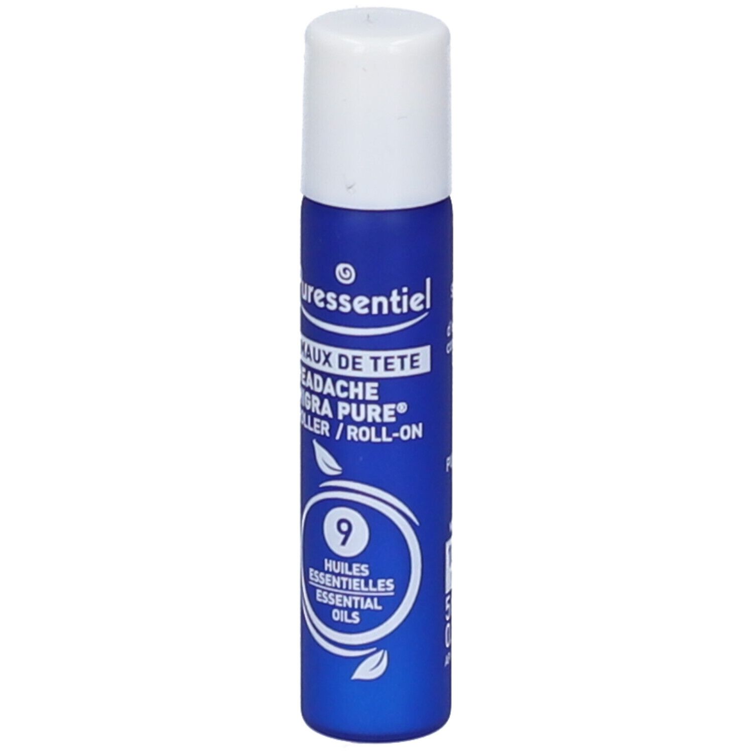 Blau-weißer Roller mit weißem Deckel. Aufschrift: Puressentiel, Maux de tête, Migra Pure, Roller/Roll-on, 9 Huiles essentielles.