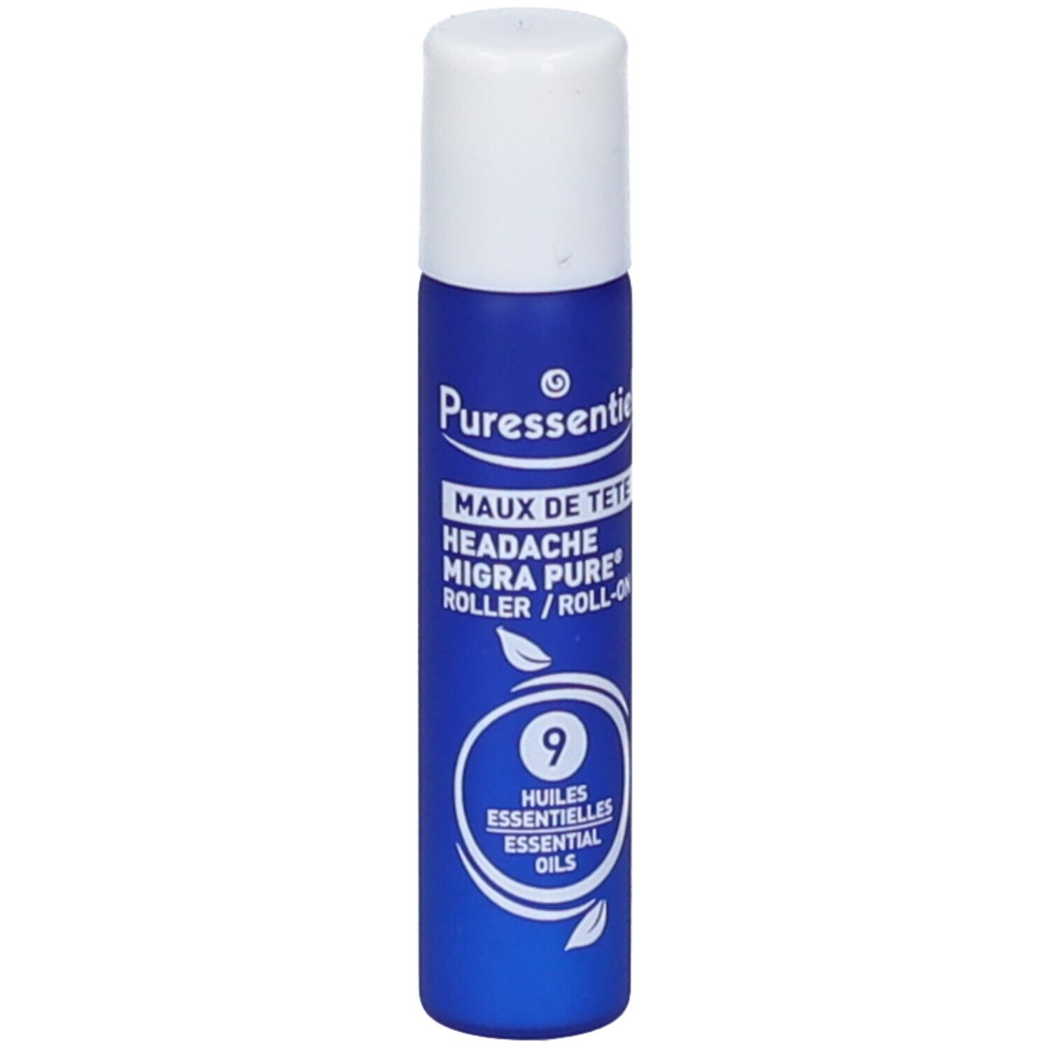 Blau-weißer Roller mit weißem Deckel. Aufschrift: Puressentiel, Maux de tête, Migra Pure, Roller/Roll-on, 9 Huiles essentielles.