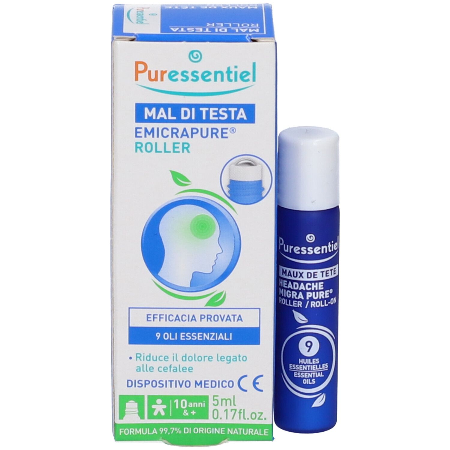 Produktverpackung mit Roller. Aufschrift: Puressentiel, Mal di Testa, EmicraPure Roller, 9 Oli essenziali, 5ml.