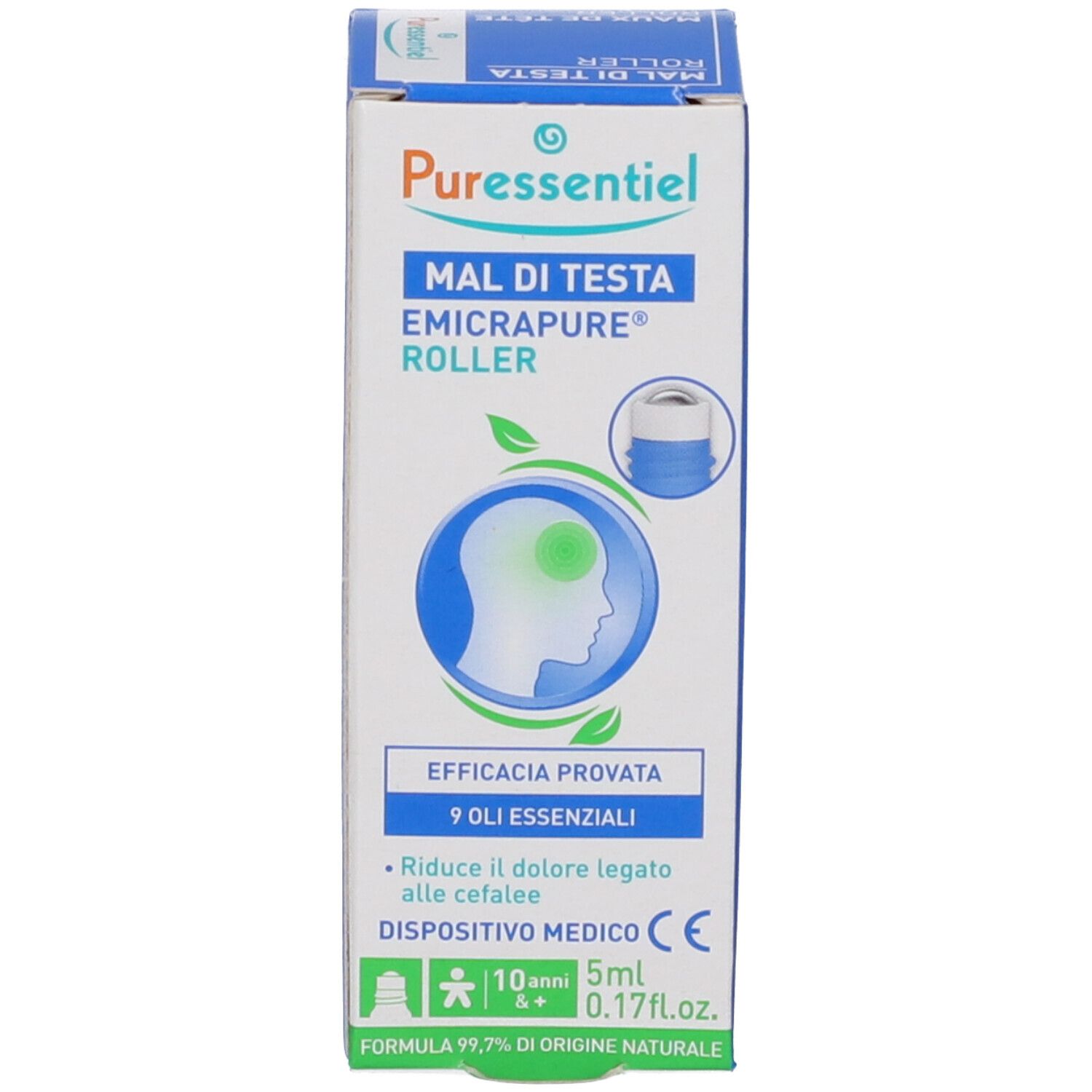 Produktverpackung mit Roller. Aufschrift: Puressentiel, Mal di Testa, EmicraPure Roller, 9 Oli essenziali, 5ml.
