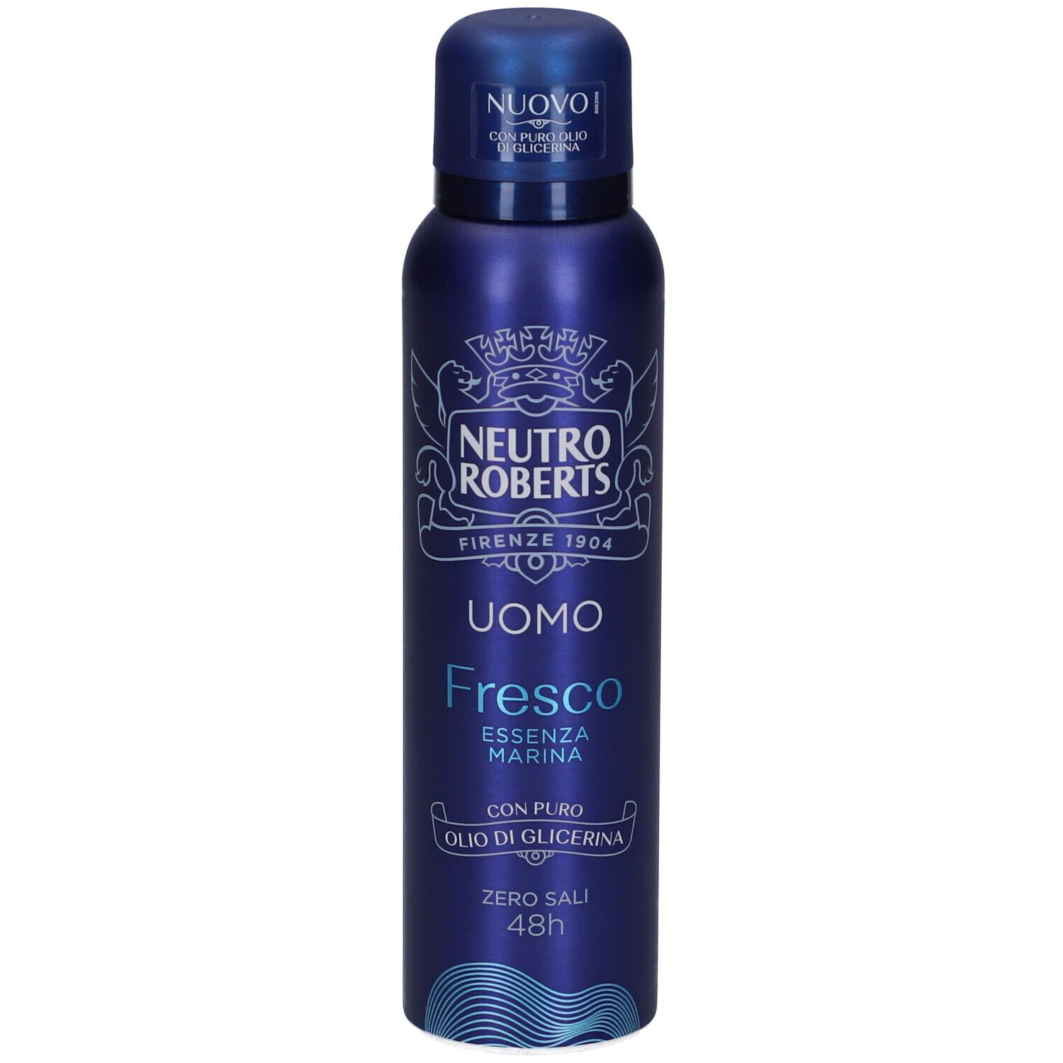 Spray deodorante blu per uomo. Marchio Neutro Roberts, scritta Uomo, Fresco Essenza Marina. Con olio puro di glicerina.