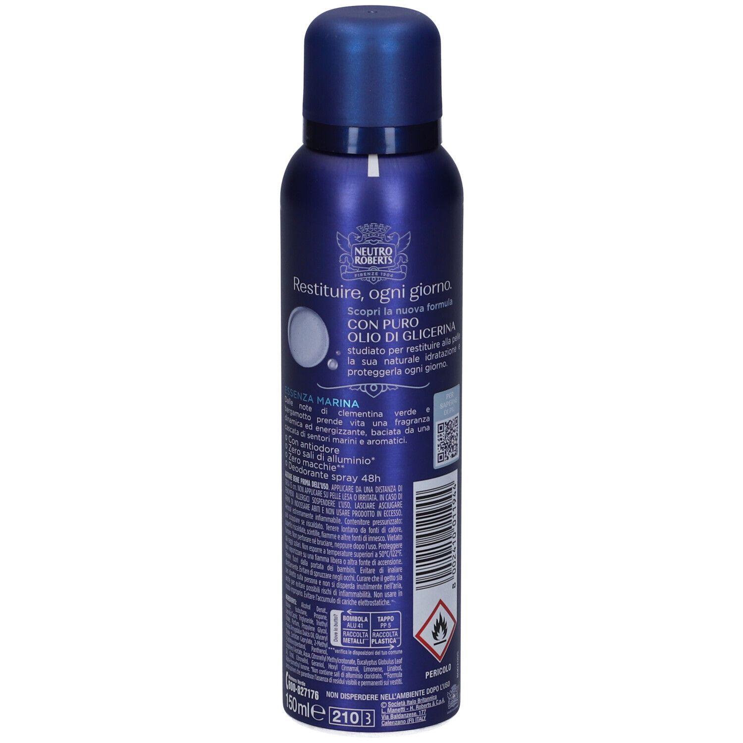 Spray deodorante blu per uomo. Marchio Neutro Roberts. Retro con testo. Contiene olio puro di glicerina. 150ml.