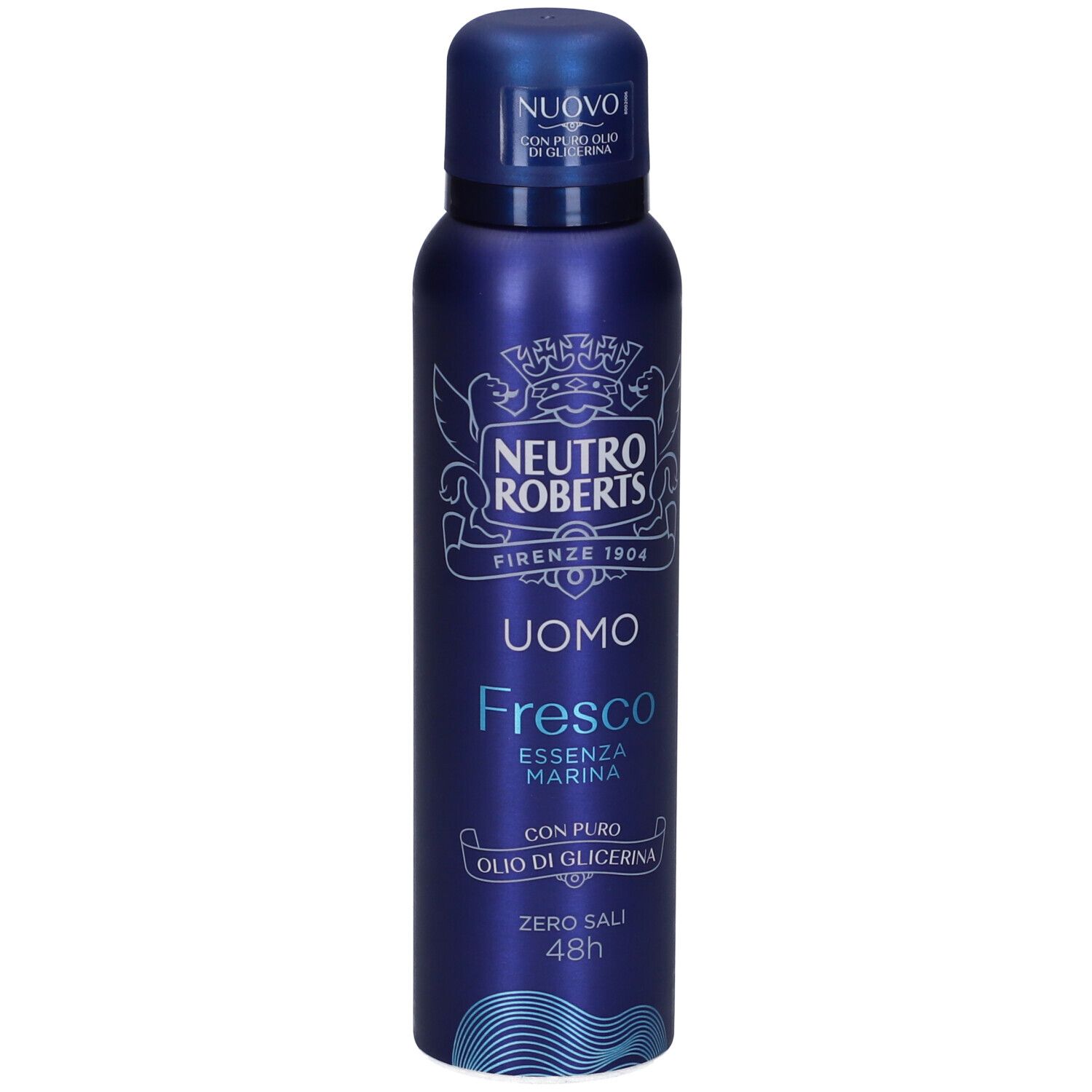 Spray deodorante blu per uomo. Marchio Neutro Roberts, scritta Uomo, Fresco Essenza Marina. Con olio puro di glicerina.