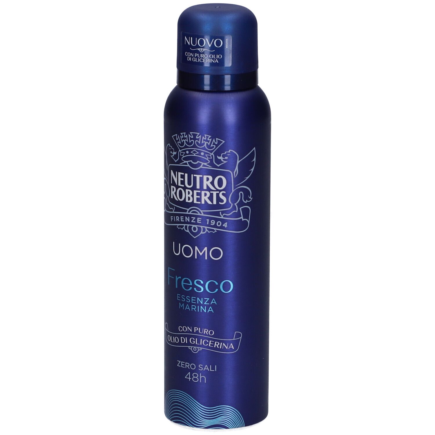 Spray deodorante blu per uomo. Marchio Neutro Roberts, scritta Uomo, Fresco Essenza Marina. Con olio puro di glicerina.