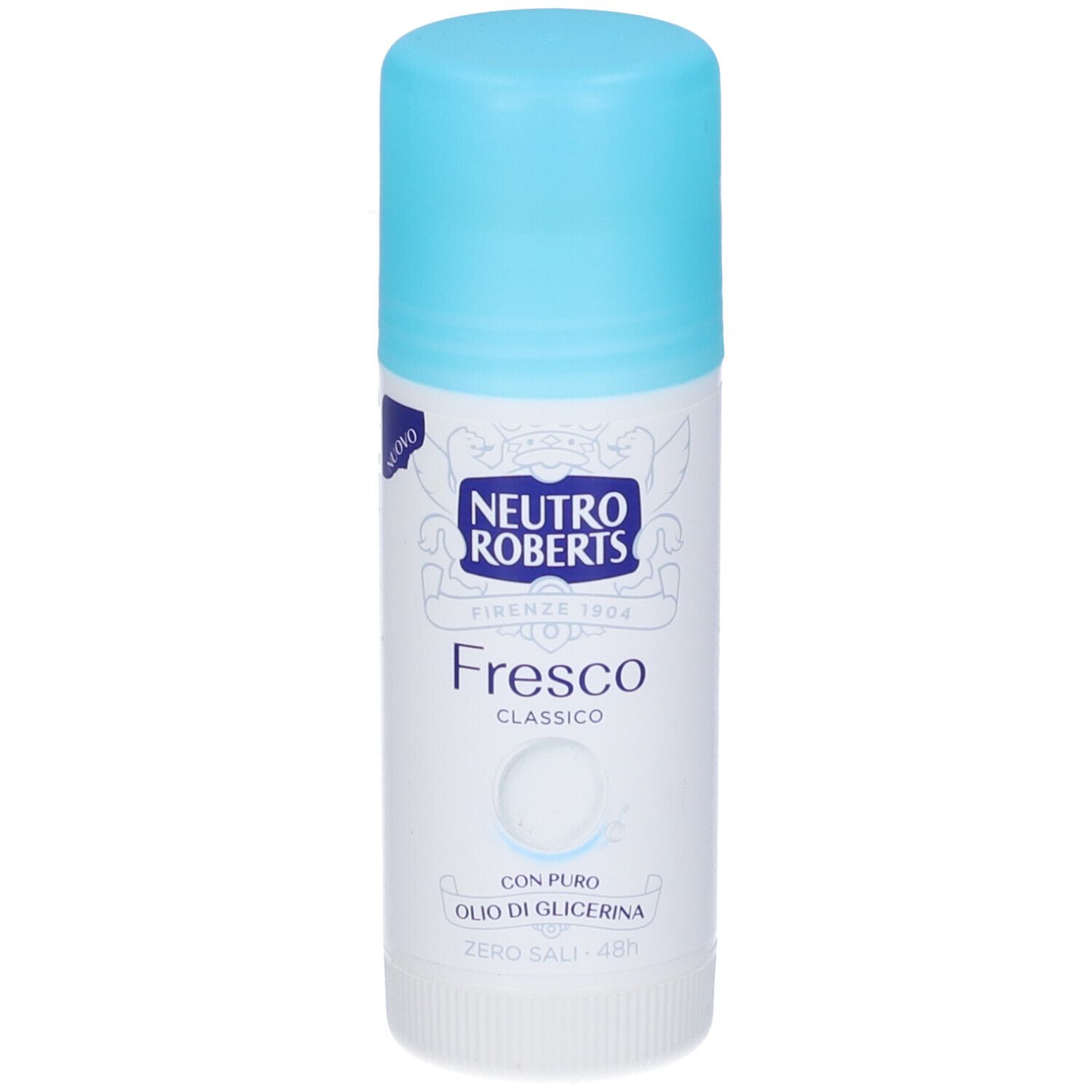 Stick deodorante con tappo azzurro. Scritta: Neutro Roberts, Fresco. Con glicerina pura. Zero sali.