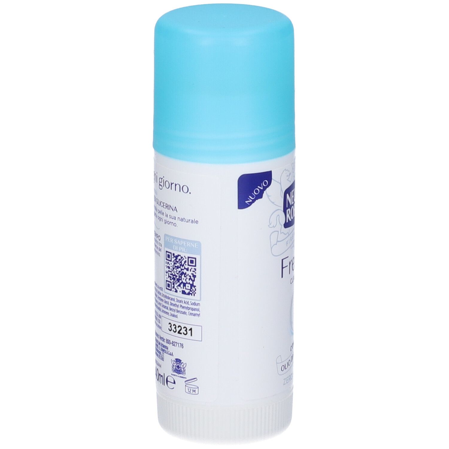 Stick deodorante, lato con testo e codice QR. Scritta: Neutro Roberts, Fresco. Con glicerina pura. Zero sali.