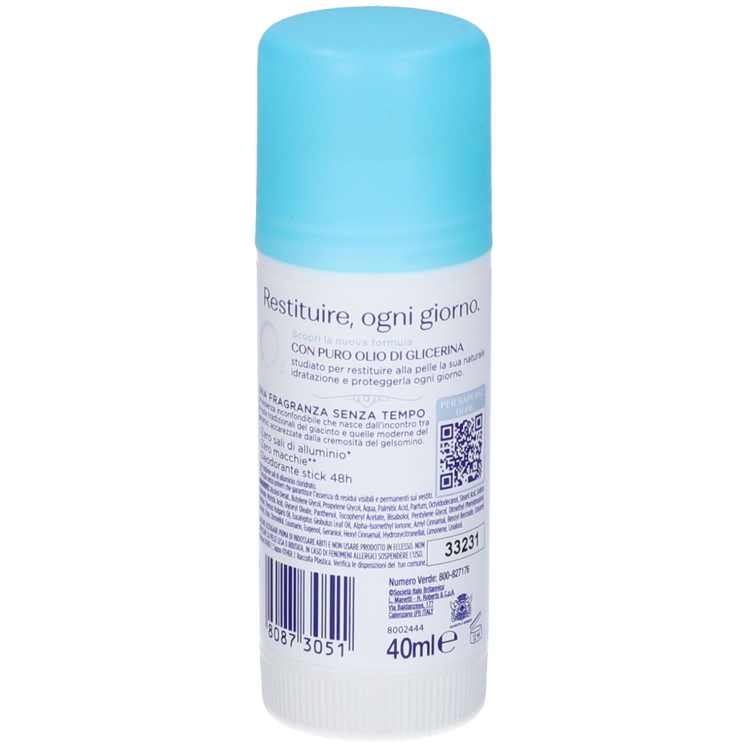 Stick deodorante, retro con testo. Scritta: Neutro Roberts, Fresco. Con glicerina pura. Zero sali. 40ml.