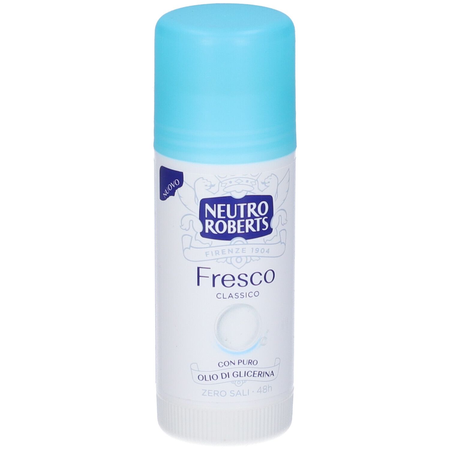 Stick deodorante con tappo azzurro. Scritta: Neutro Roberts, Fresco. Con glicerina pura. Zero sali.