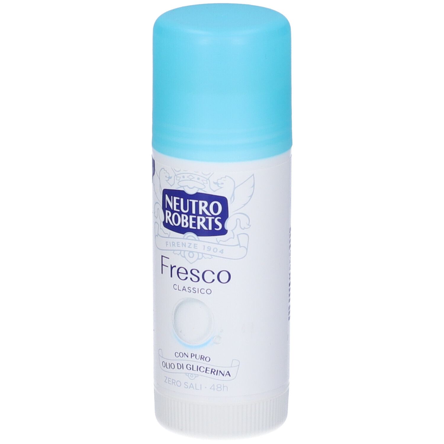 Stick deodorante con tappo azzurro. Scritta: Neutro Roberts, Fresco. Con glicerina pura. Zero sali.