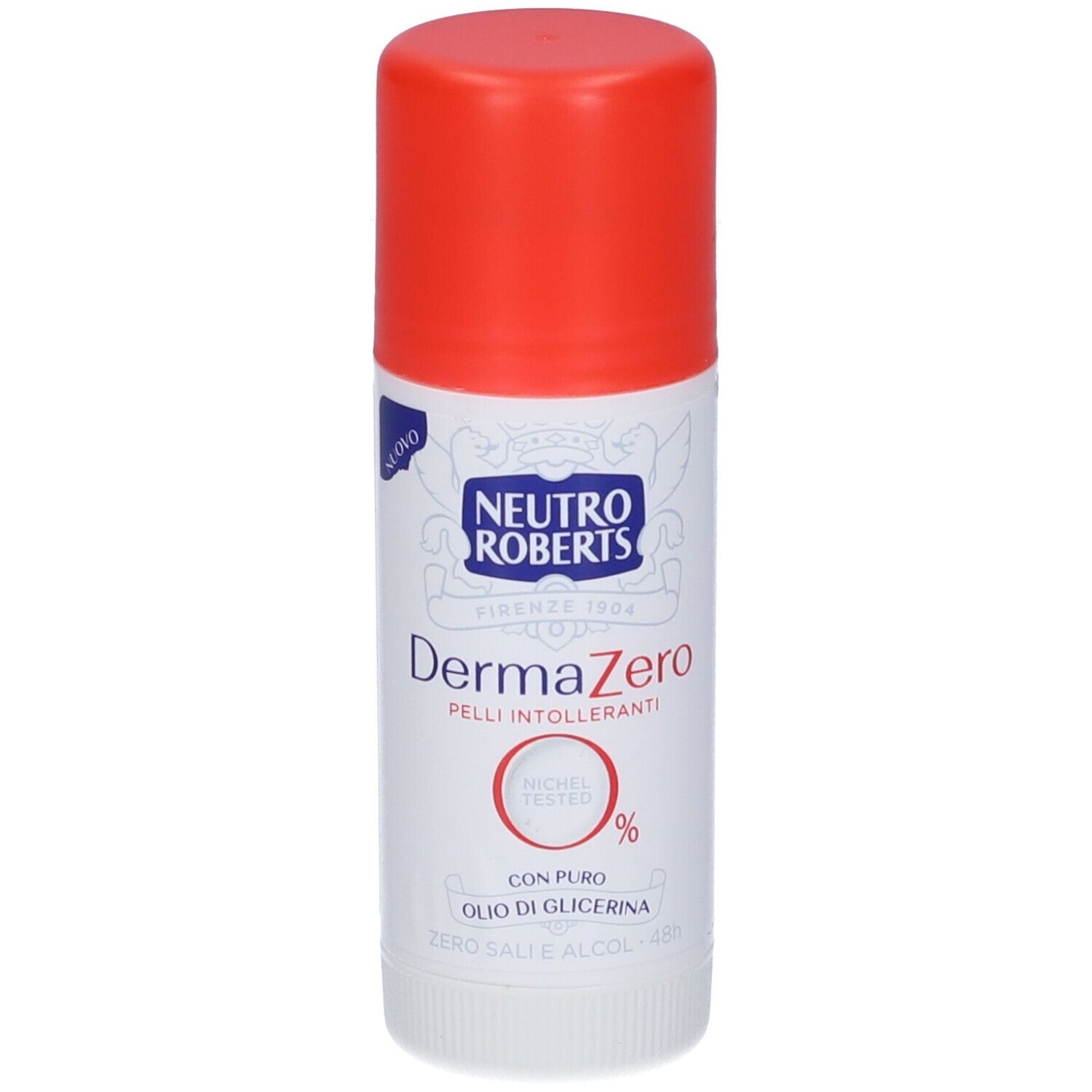 Stick deodorante bianco con tappo rosso. Scritta: Neutro Roberts, DermaZero, 0%.