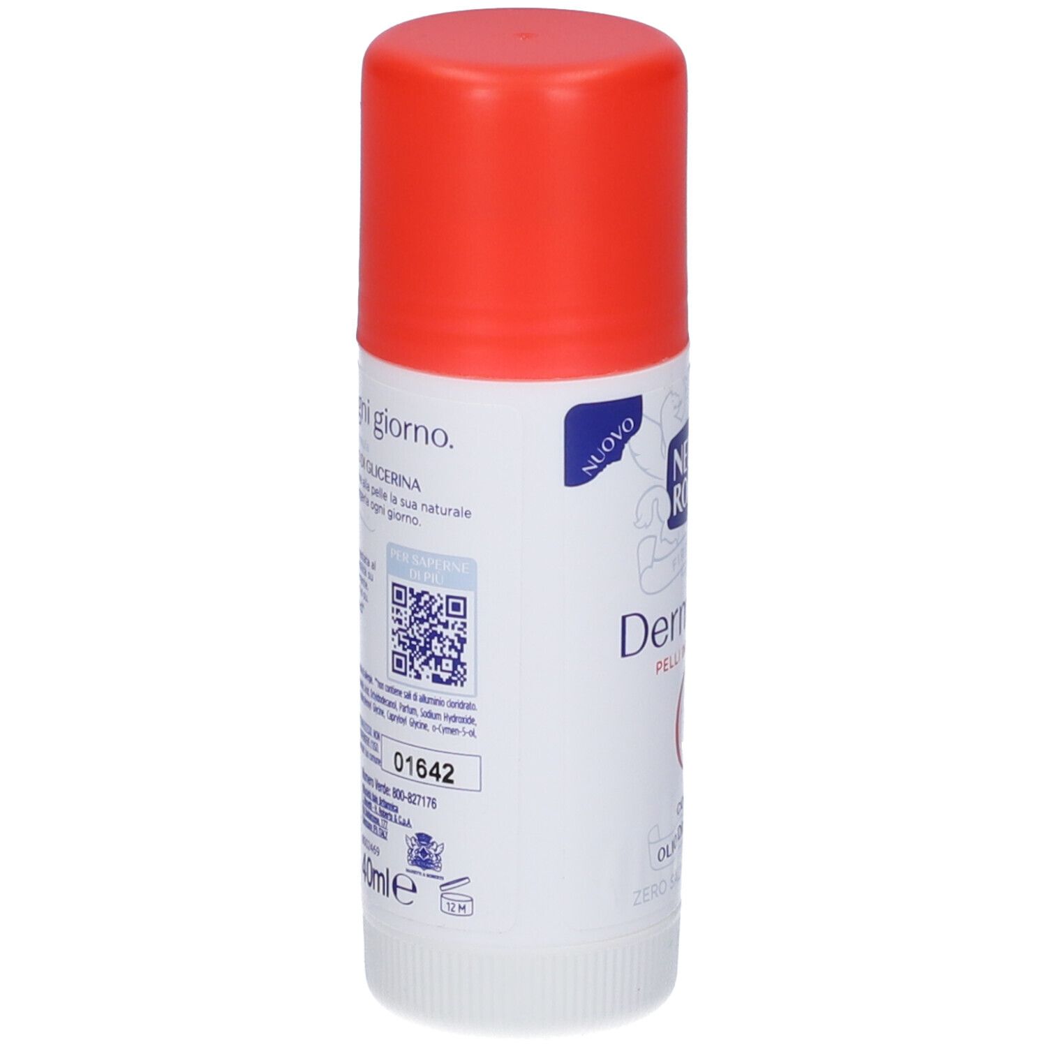 Stick deodorante bianco con tappo rosso. Sul lato codice QR e testo.