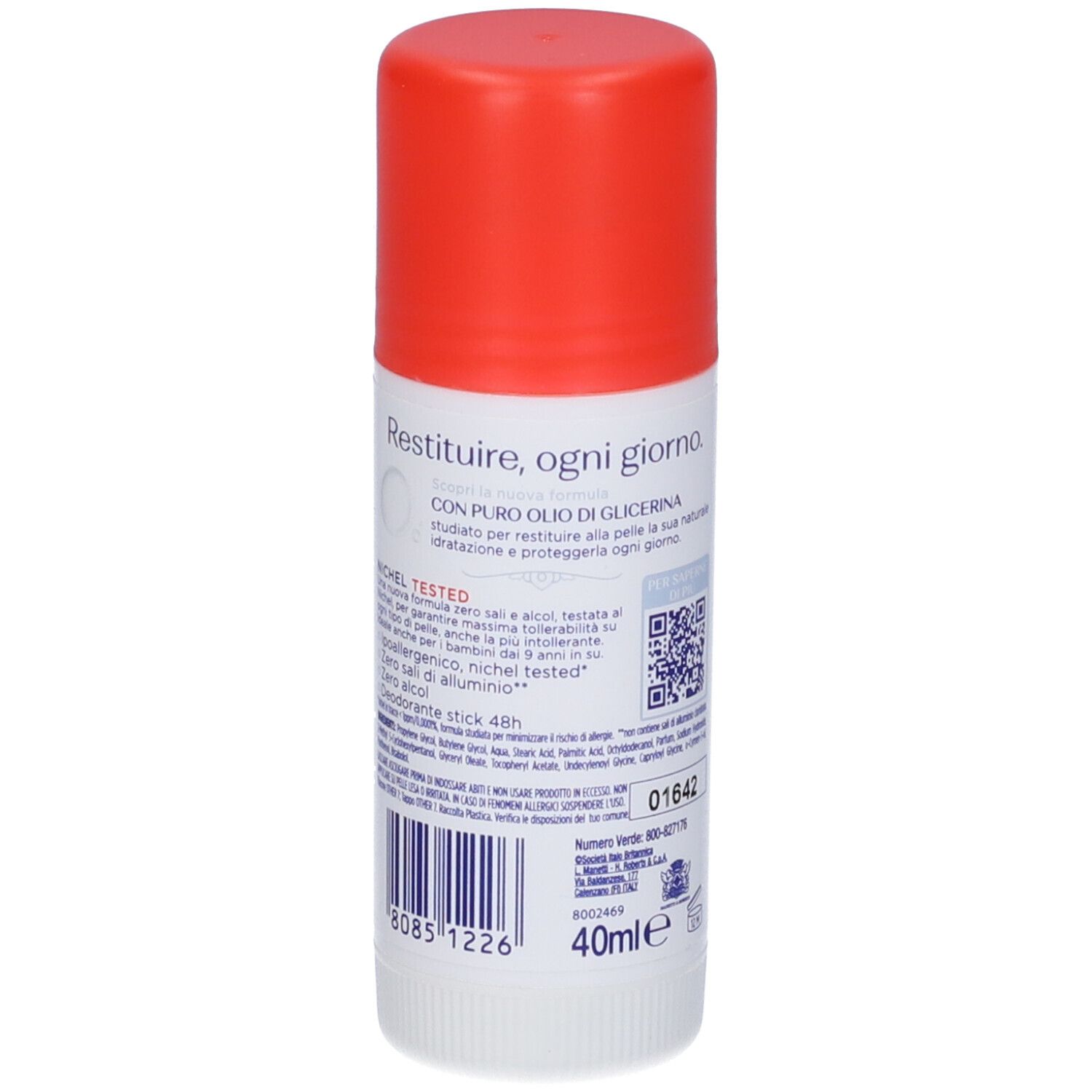 Stick deodorante bianco con tappo rosso. Retro con testo e codice a barre.