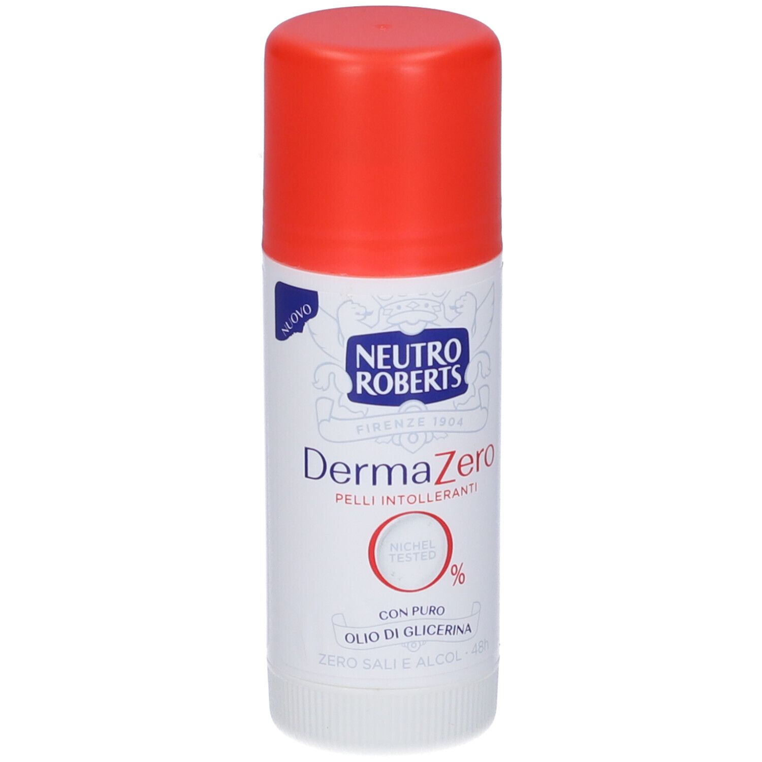 Stick deodorante bianco con tappo rosso. Scritta: Neutro Roberts, DermaZero, 0%.