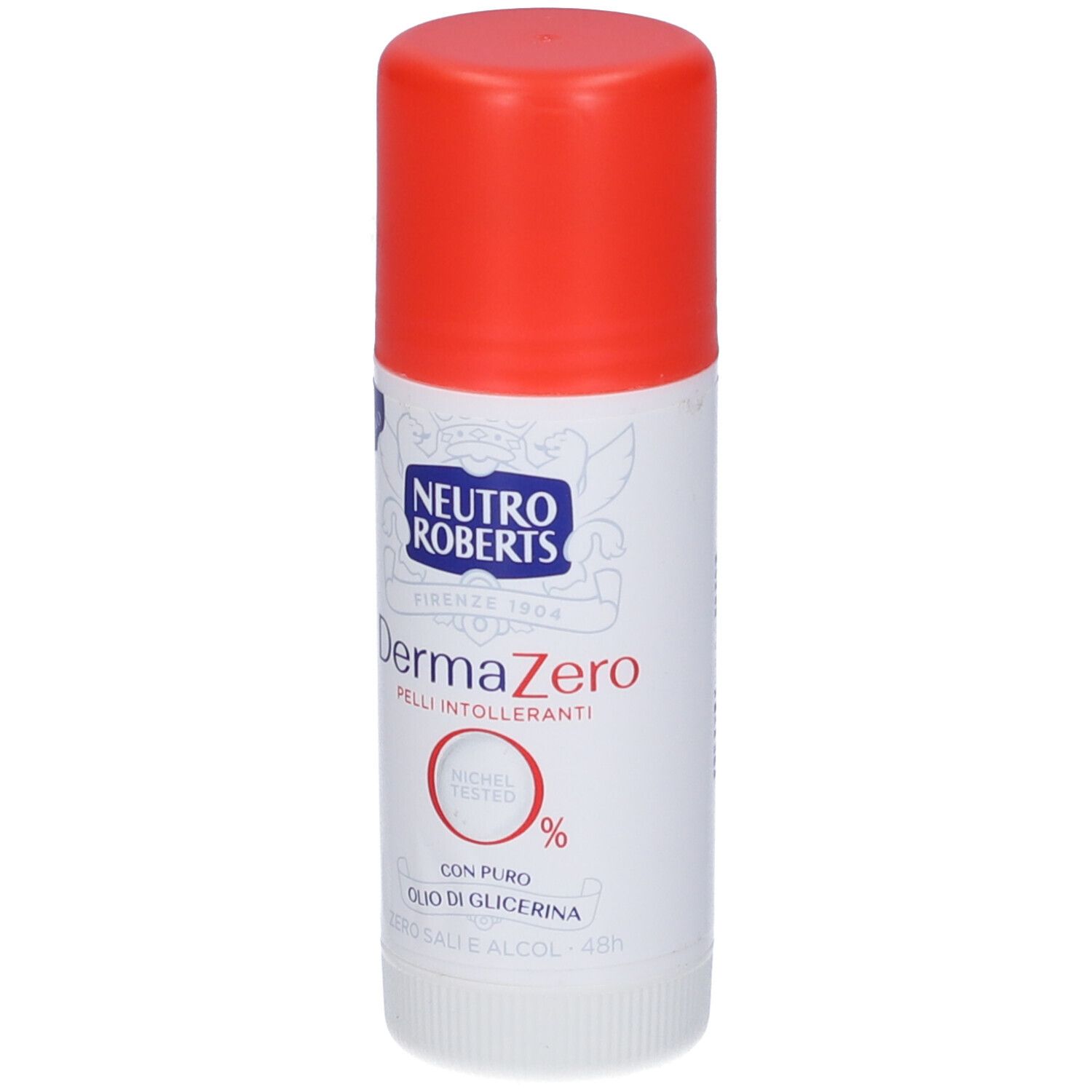 Stick deodorante bianco con tappo rosso. Scritta: Neutro Roberts, DermaZero, 0%.