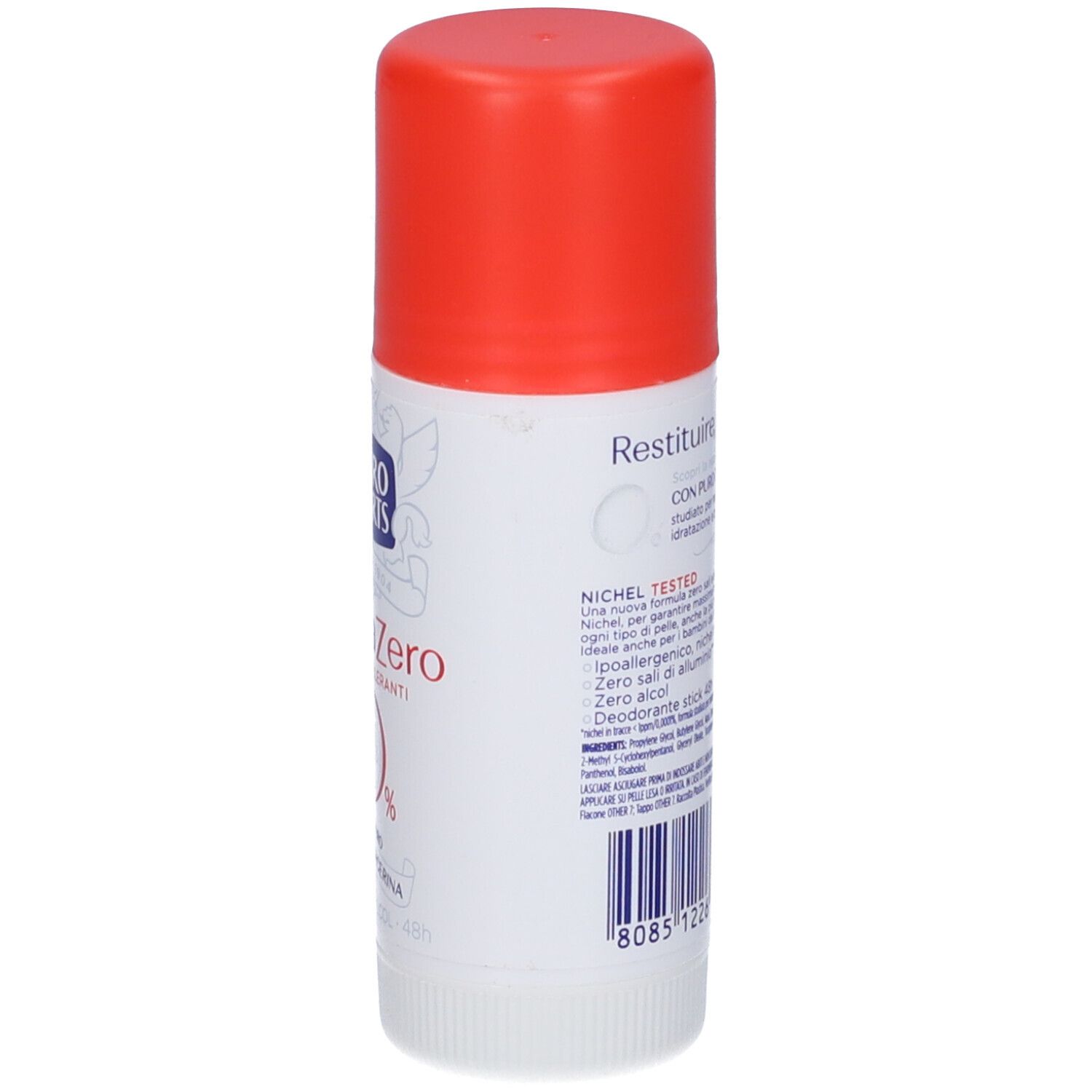 Stick deodorante bianco con tappo rosso. Retro con testo e codice a barre.