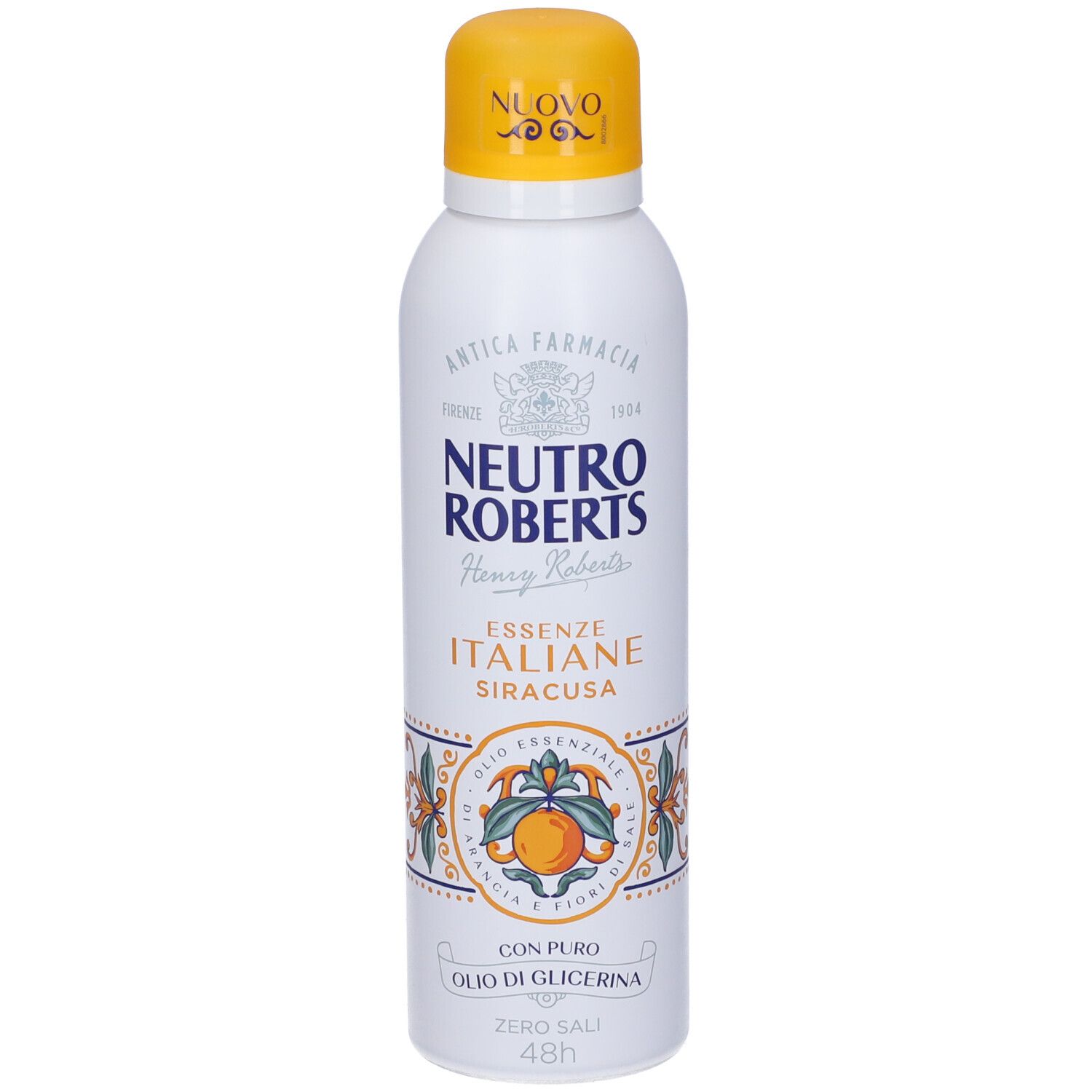 Spray deodorante bianco con tappo giallo. Scritta: Neutro Roberts, Essenze Italiane Siracusa. Decorazione arancione.