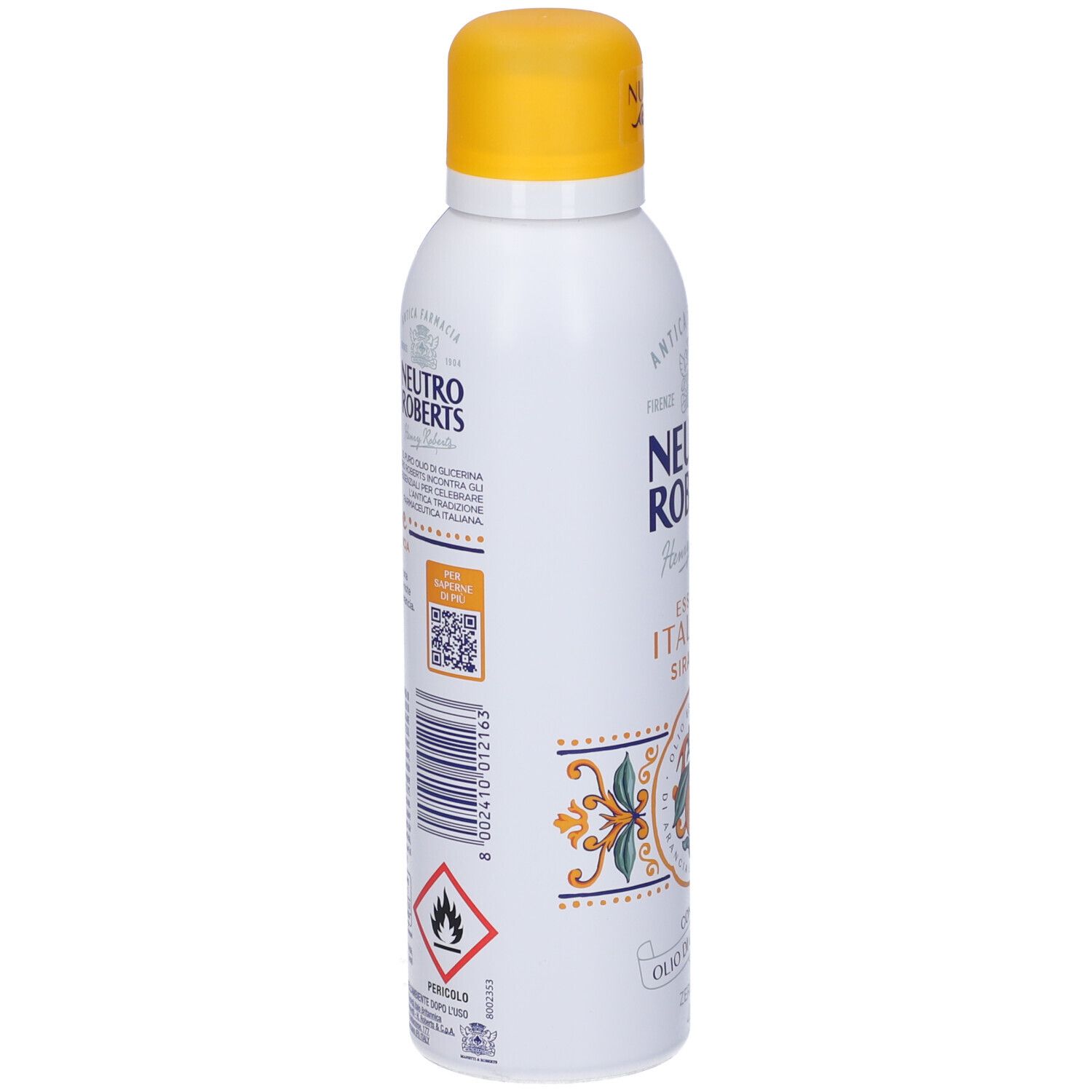 Spray deodorante bianco con tappo giallo. Codice a barre e avvertenze sul lato. Scritta: Neutro Roberts.