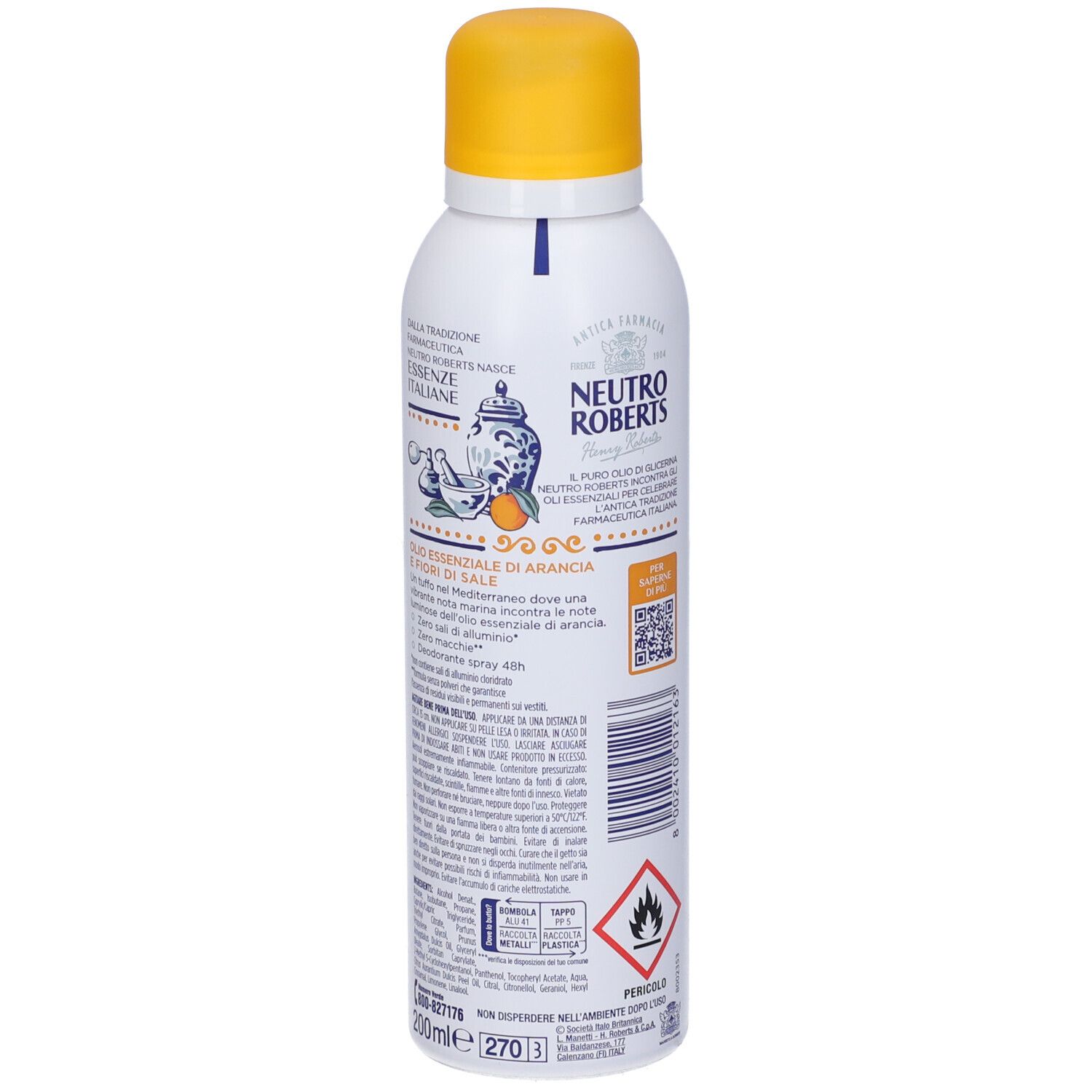 Spray deodorante bianco con tappo giallo. Testo e avvertenze sul retro. Scritta: Neutro Roberts, Essenze Italiane.