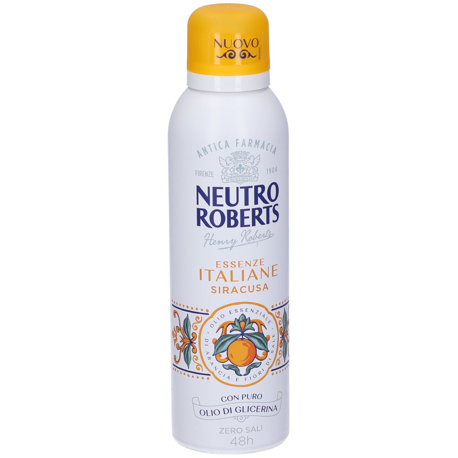 Spray deodorante bianco con tappo giallo. Scritta: Neutro Roberts, Essenze Italiane Siracusa. Decorazione arancione.
