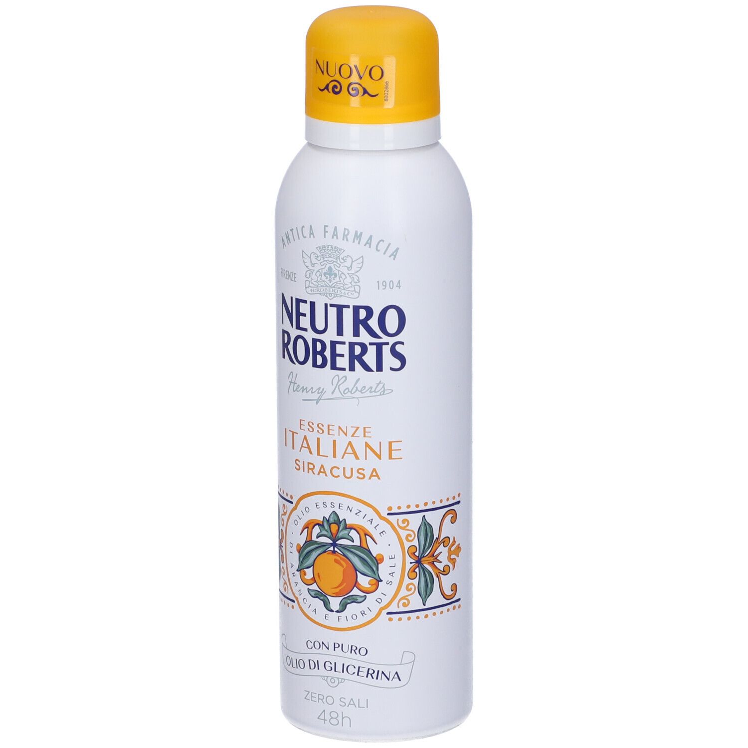 Spray deodorante bianco con tappo giallo. Scritta: Neutro Roberts, Essenze Italiane Siracusa. Decorazione arancione.