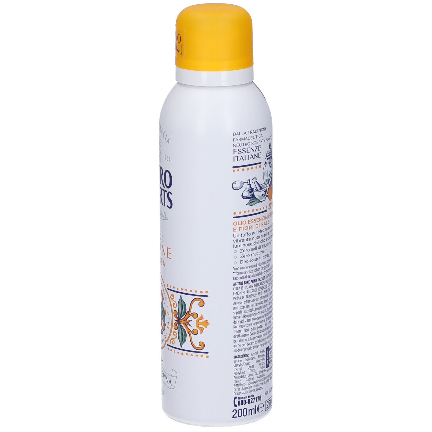 Spray deodorante bianco con tappo giallo. Testo e avvertenze sul lato. Scritta: Neutro Roberts, Essenze Italiane.