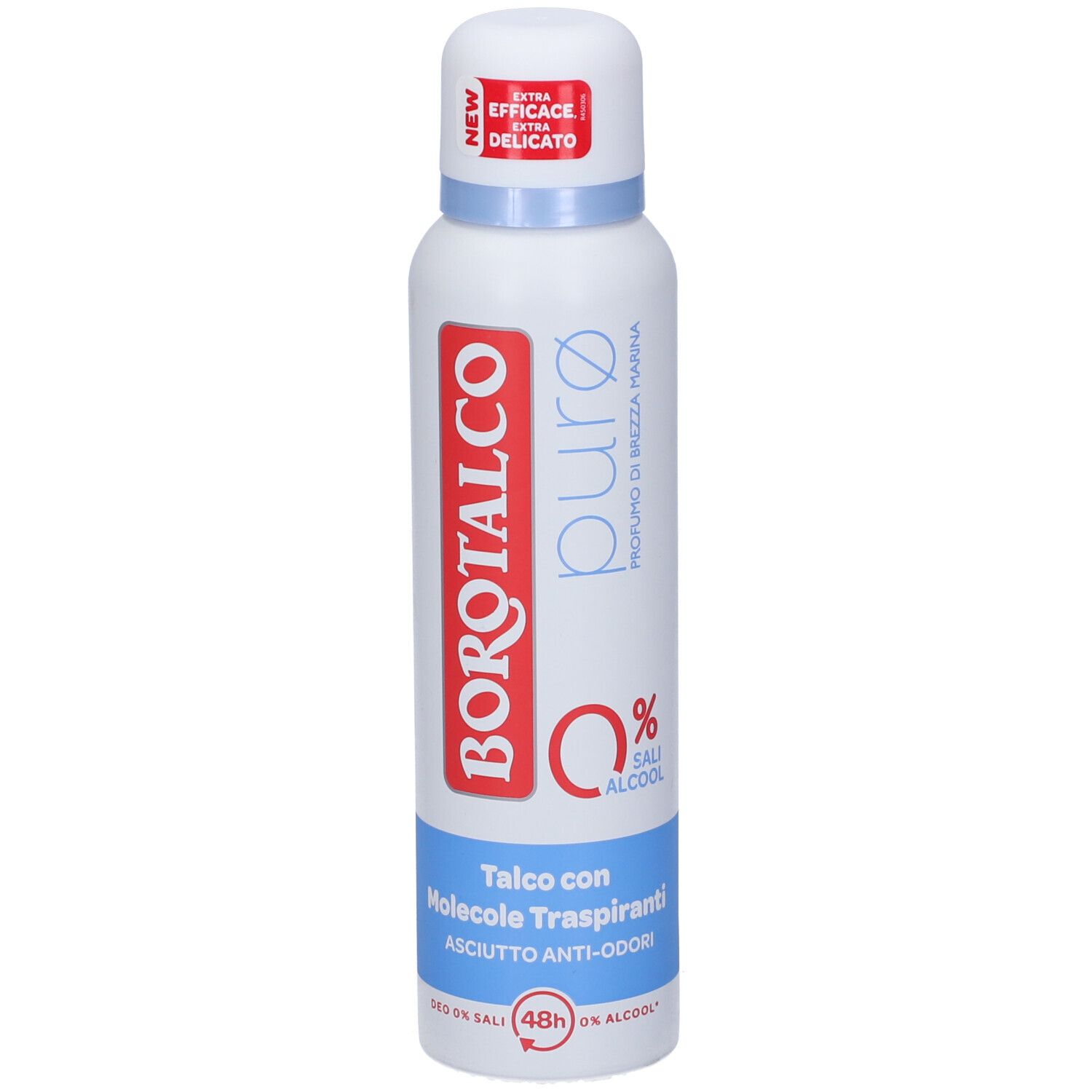Spray deodorante bianco con scritte rosse e blu. Scritta: Borotalco, puro, Talco con Molecole Traspiranti.
