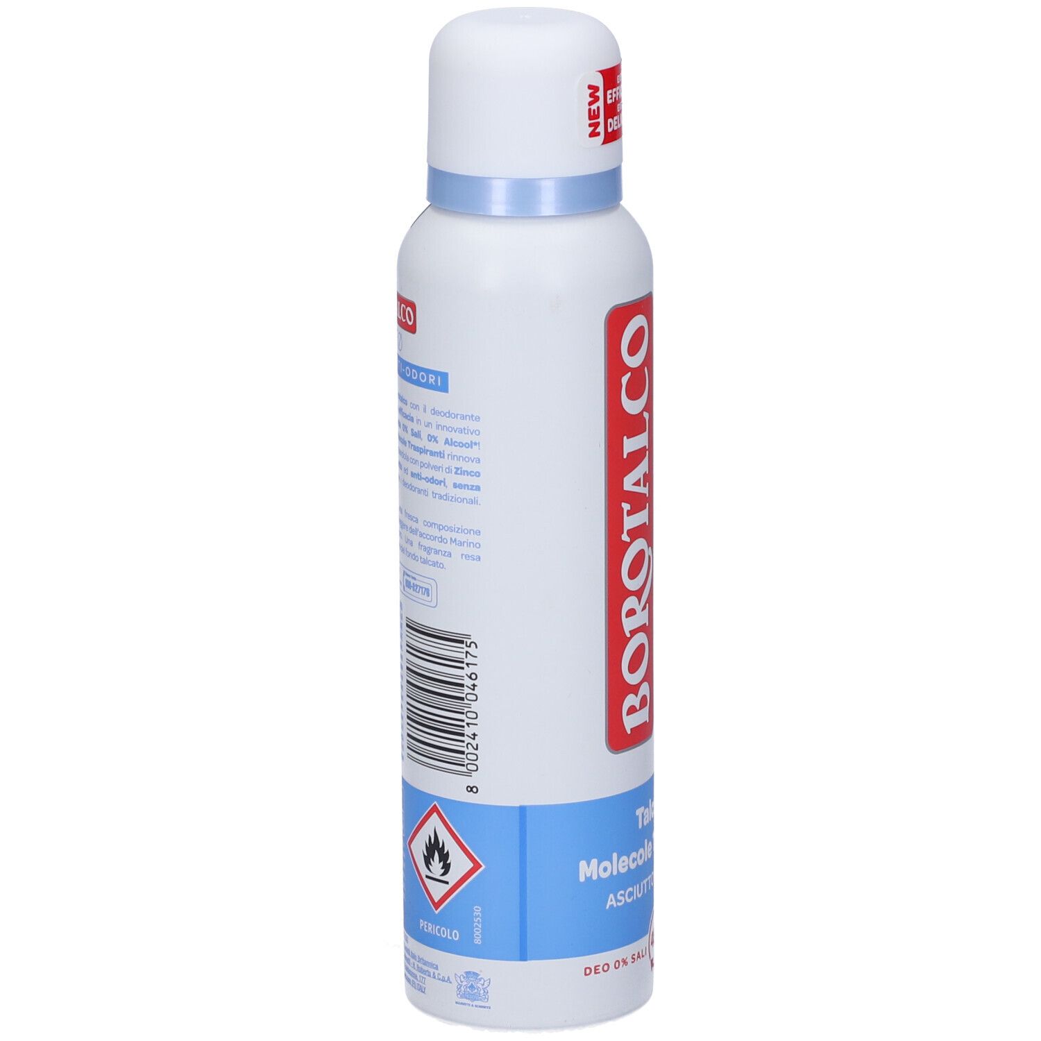 Spray deodorante Borotalco. Retro con codice a barre, simbolo di avvertimento e testo. Contenitore bianco con scritte blu e rosse.