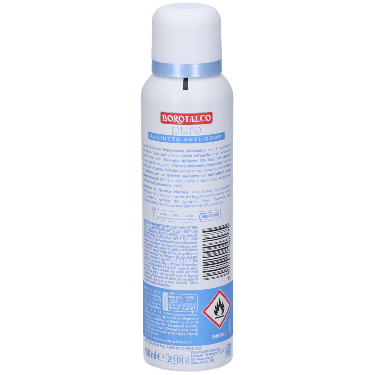 Spray deodorante Borotalco. Retro con testo e codice a barre. Contenitore bianco con scritte blu e rosse.